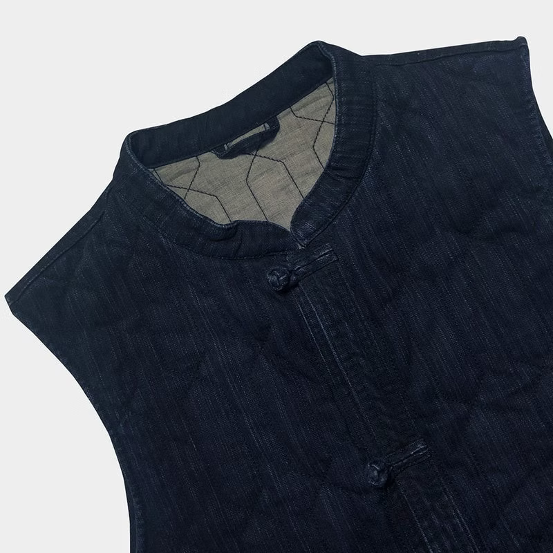 BZEN INDOCHINE - M.3301 QING REGULAR FIT 2 POCKET QUILTED DENIM VEST-8.5oz-E0 BLACK BLUE