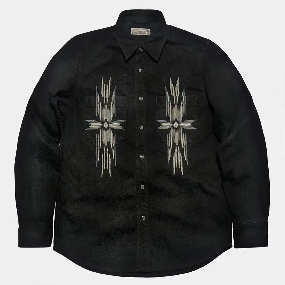 BZEN M.3239R JESSE NAV-BG REGULAR FIT BLACK DENIM WESTERN SHIRT WITH NATIVE AMERICAN MOTIF EMBROIDERY-12OZ-E1 BLACK