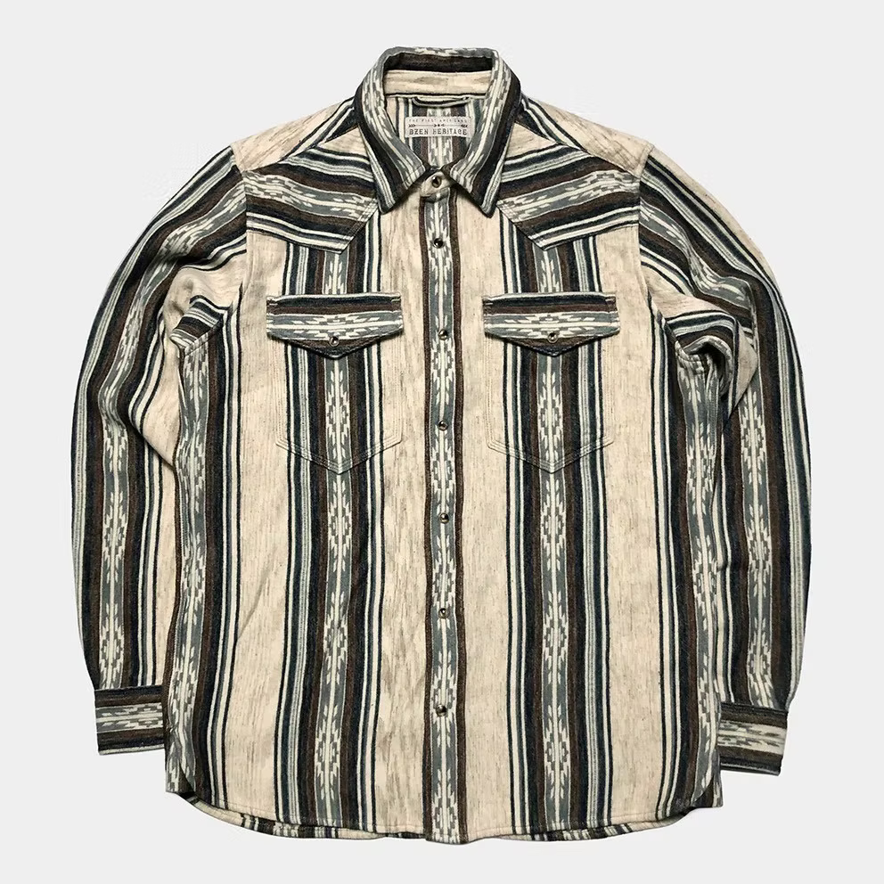 BZEN M.3239R JESSE NAV-SB REGULAR FIT WESTERN SHIRT WITH NATIVE AMERICAN MOTIF JACQUARD WEAVE DESIGN-6OZ-E0 STRIPES