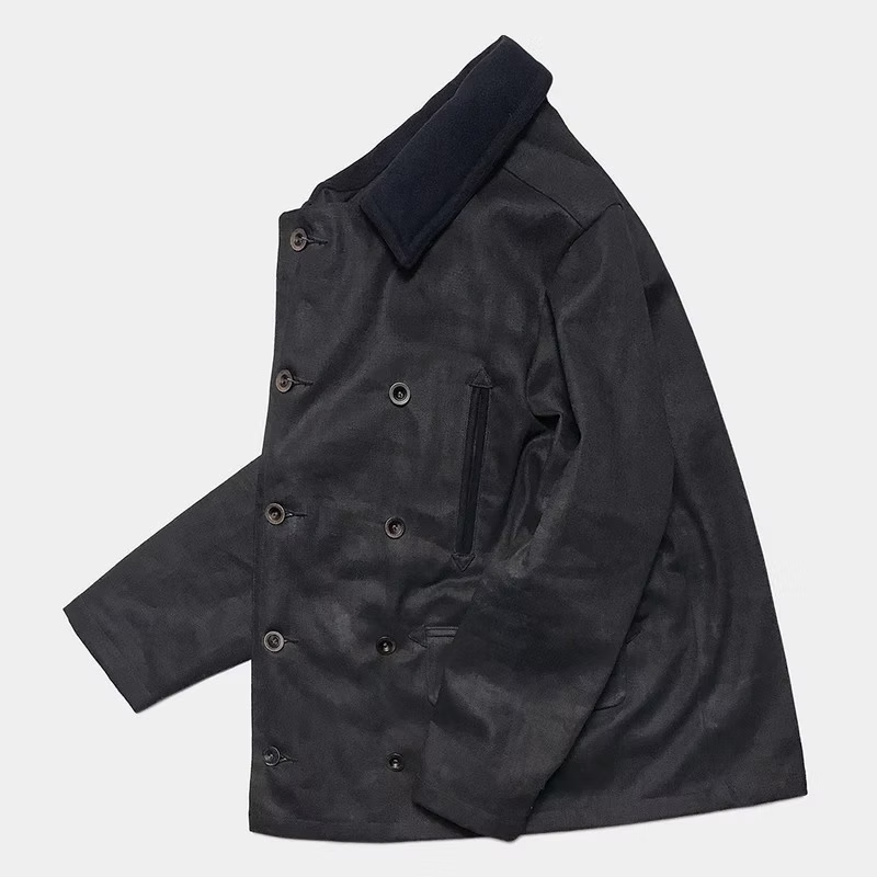 BZEN M.3219R SKULLY-WX30 REGULAR FIT WAXED BLACK OVER BLUE DENIM LINED 30" LENGTH PEA COAT-11.5OZ-WAX BLACK- CAUTION CAN NEVER WASH