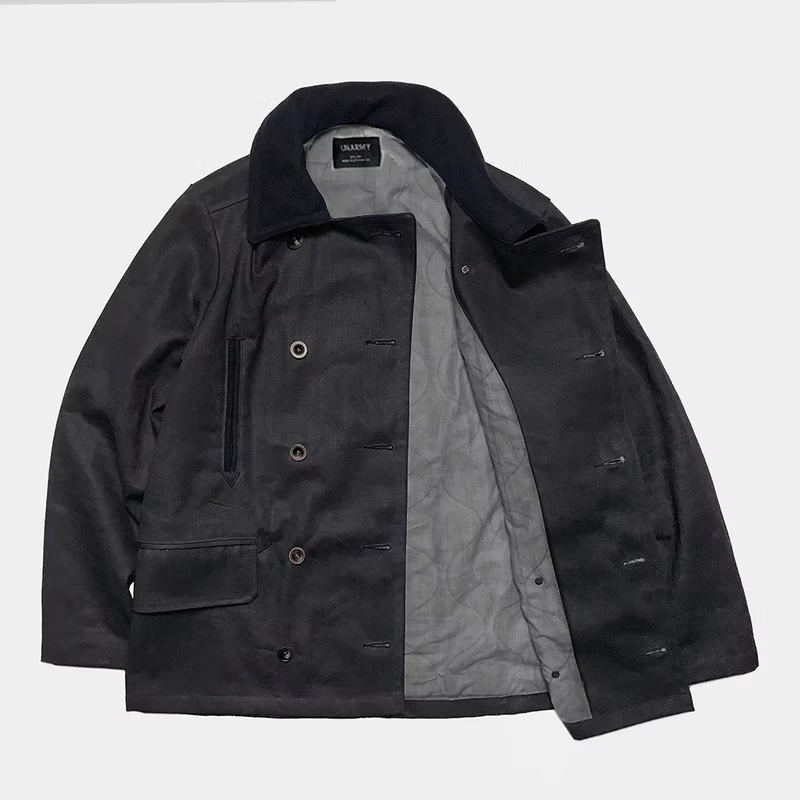 BZEN M.3219R SKULLY-WX30 REGULAR FIT WAXED BLACK OVER BLUE DENIM LINED 30" LENGTH PEA COAT-11.5OZ-WAX BLACK- CAUTION CAN NEVER WASH