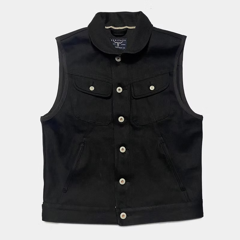 BZEN M.3018 SANTOS BB REGULAR FIT 4 POCKET BIKERS VEST BLACK SELVEDGE DENIM-13.8OZ-RAW