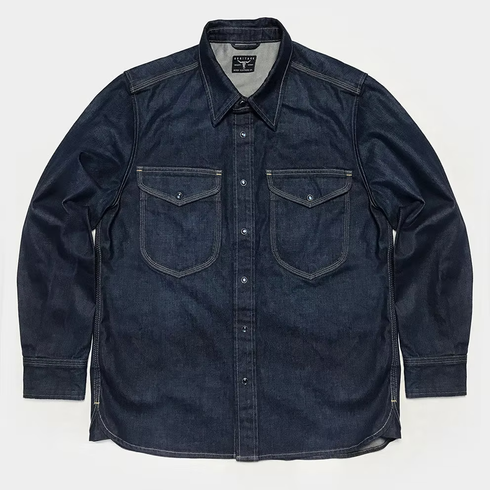 BZEN M.3239R-JESSE-TRIPLE REGULAR FIT TRIPLE NEEDLE WESTERN BROWN INDIGO DENIM SHIRT-11.5OZ-E1A 70'S INDIGO