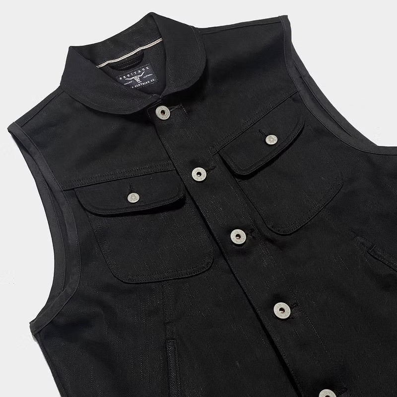 BZEN M.3018 SANTOS BB REGULAR FIT 4 POCKET BIKERS VEST BLACK SELVEDGE DENIM-13.8OZ-RAW