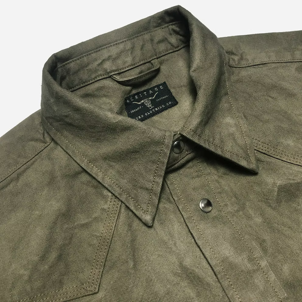 BZEN M.3239R-JESSE-TRIPLE REGULAR FIT TRIPLE NEEDLE WESTERN VEGGIE DYED CANVAS SHIRT-12OZ-E0 MOSS GREEN