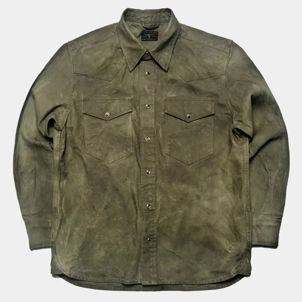 BZEN M.3239R-JESSE-TRIPLE REGULAR FIT TRIPLE NEEDLE WESTERN VEGGIE DYED CANVAS SHIRT-12OZ-E0 MOSS GREEN