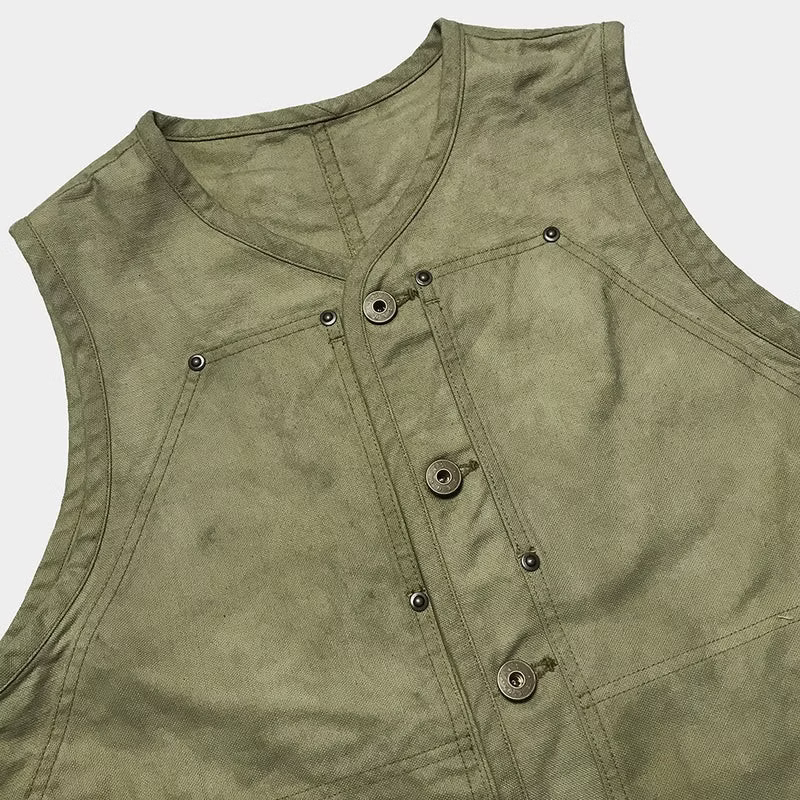 BZEN M.3193-SANCHEZ REGULAR FIT DOUBLE FRONT PANEL VEGGIE DYED CANVAS VEST-12.5OZ-E0 MOSS GREEN