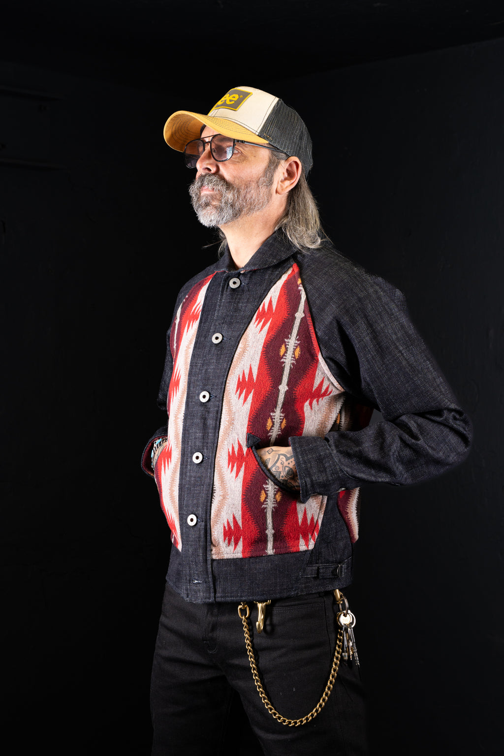 BZEN M.3003R-SANTANA-NR REGULAR FIT RAGLAN SLEEVE NATIVE AMERICAN MOTIF BLANKET PANEL SLUB DENIM COSSACK JACKET-14.5OZ-HRH INDIGO