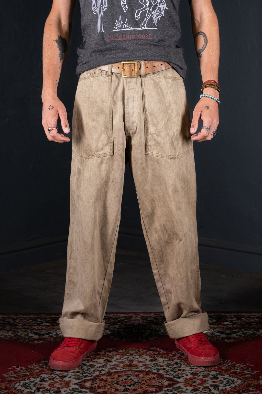 BZEN M.1198 L32-MIDDLEMAST RELAX TAPERED COTTON LINEN NAVAL INSPIRED PANT VEGGIE DYED-9oz-E0 MOSS GREEN