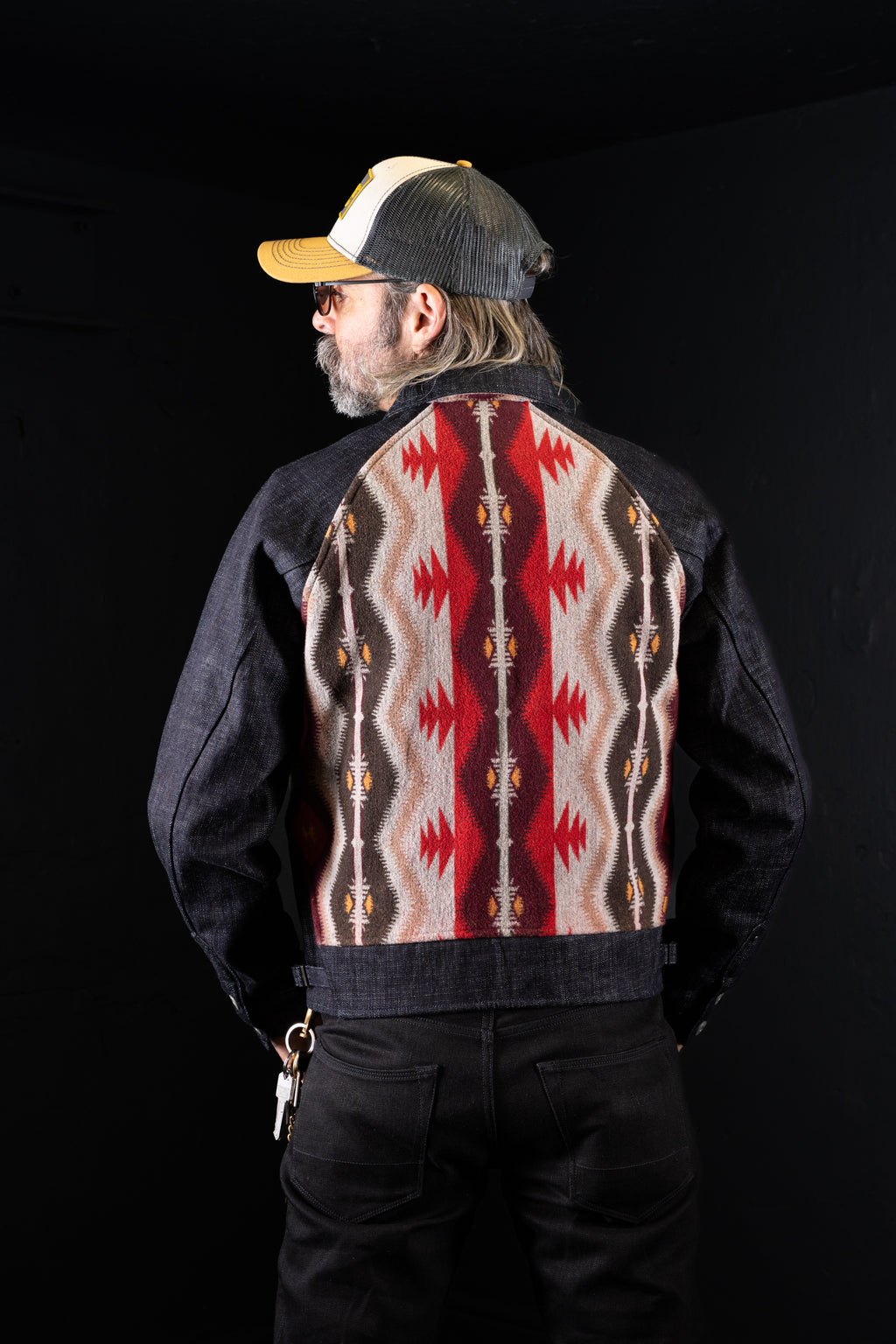 BZEN M.3003R-SANTANA-NR REGULAR FIT RAGLAN SLEEVE NATIVE AMERICAN MOTIF BLANKET PANEL SLUB DENIM COSSACK JACKET-14.5OZ-HRH INDIGO