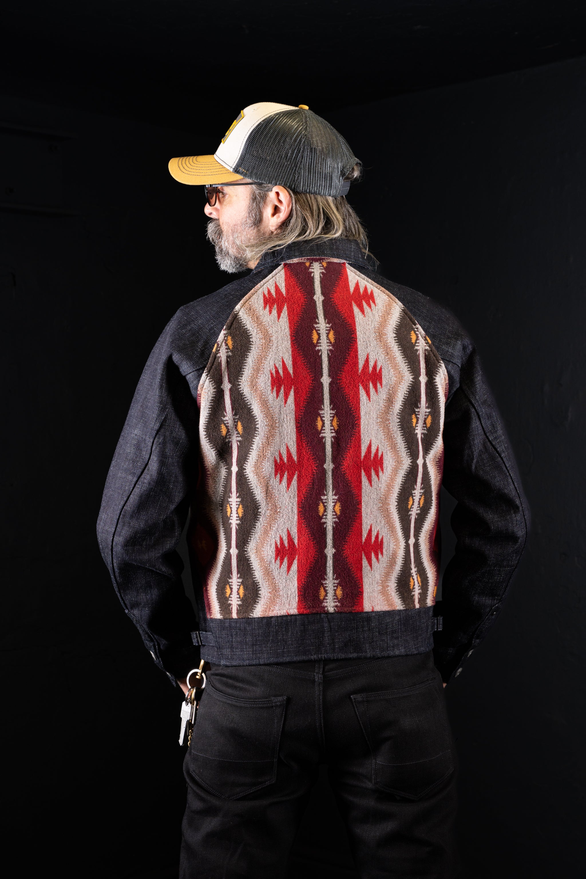 BZEN M.3003R-SANTANA-NR REGULAR FIT RAGLAN SLEEVE NATIVE AMERICAN MOTIF BLANKET PANEL SLUB DENIM COSSACK JACKET-14.5OZ-HRH INDIGO