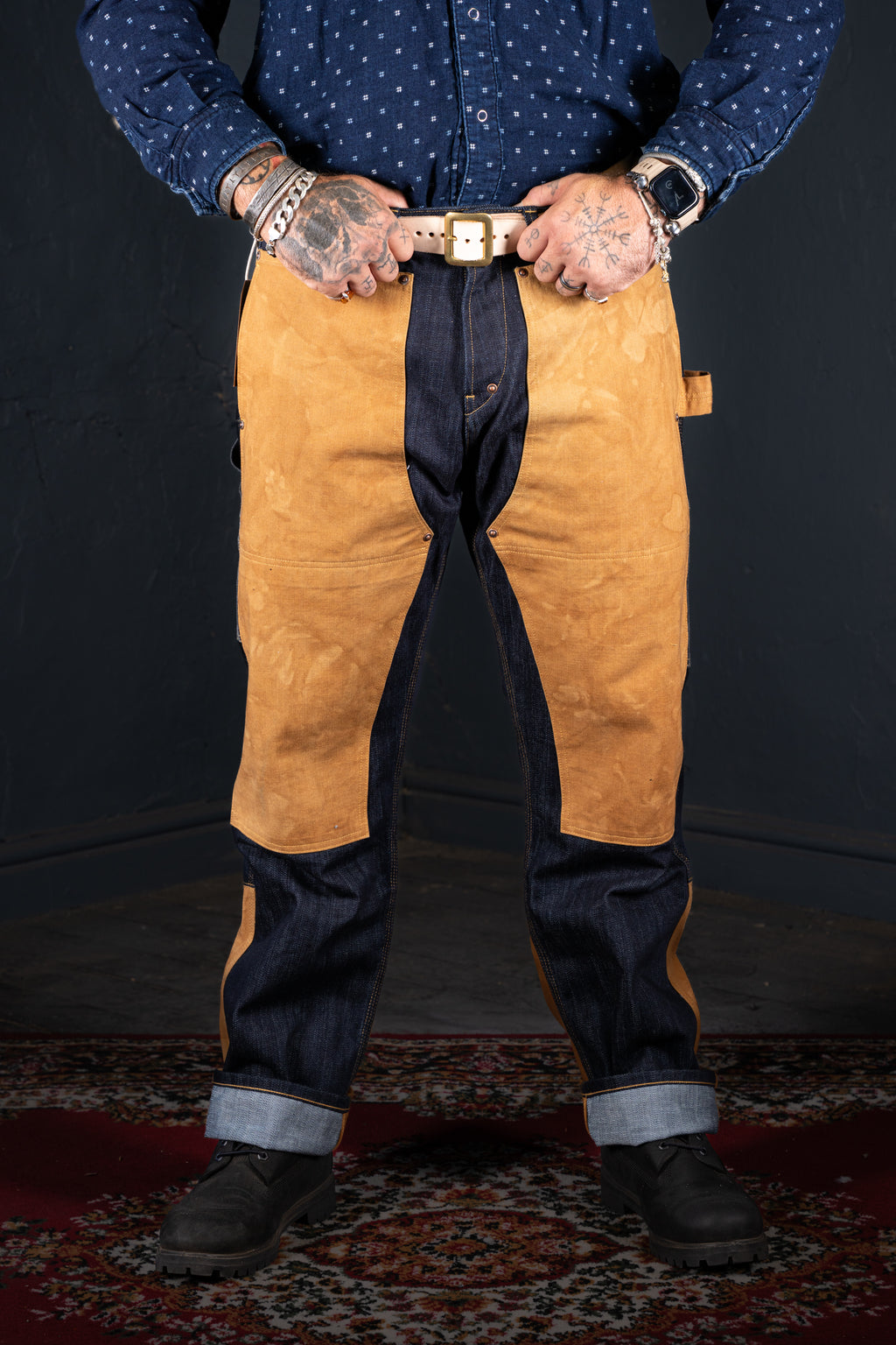 BZEN M.1279 JETHRO-CBC DOUBLE PANEL FRONT 6 POCKET COLOR BLOCK DENIM PAINTER JEAN-14oz-HRH INDIGO