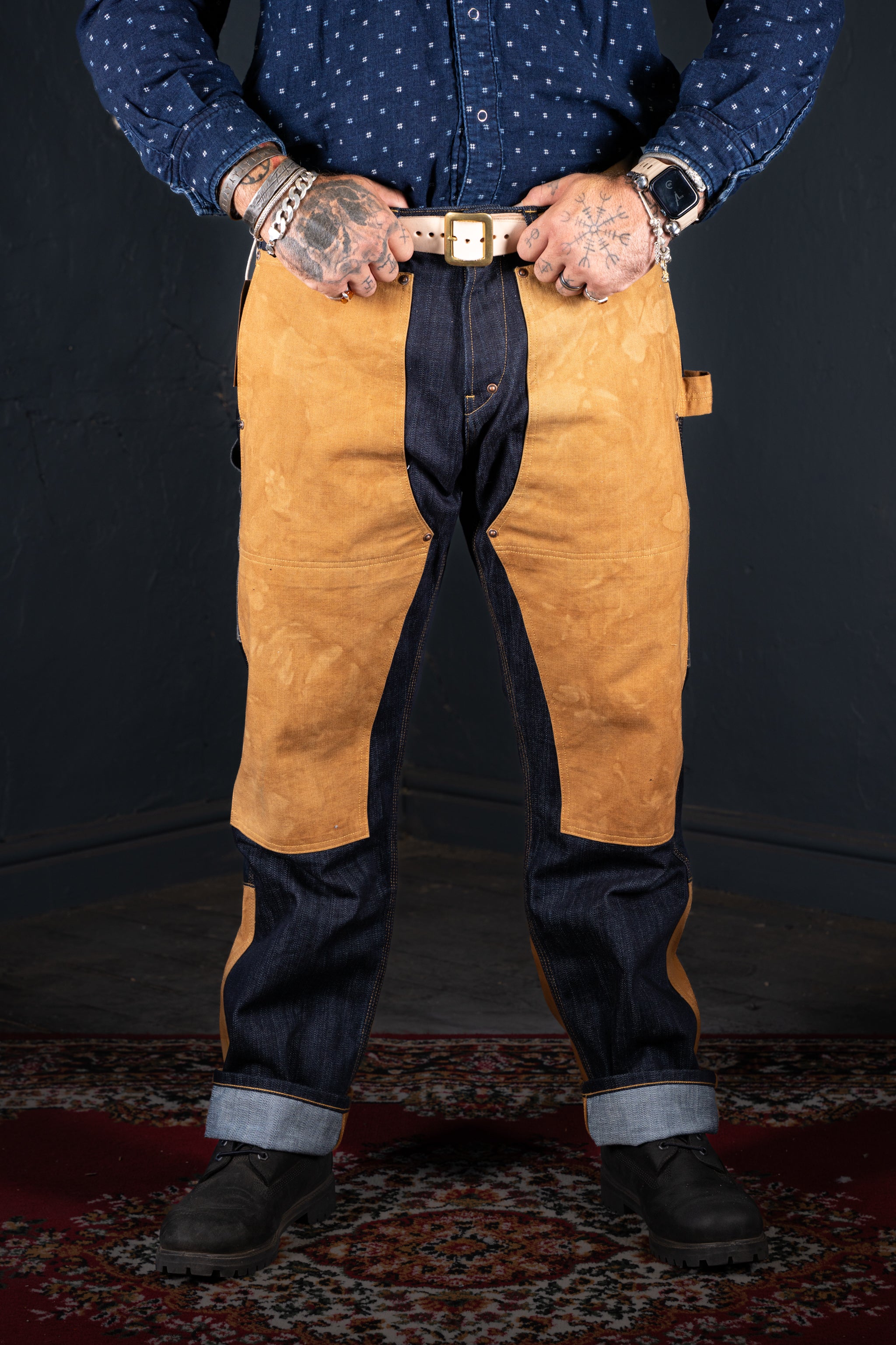 BZEN M.1279 JETHRO-CBC DOUBLE PANEL FRONT 6 POCKET COLOR BLOCK DENIM PAINTER JEAN-14oz-HRH INDIGO