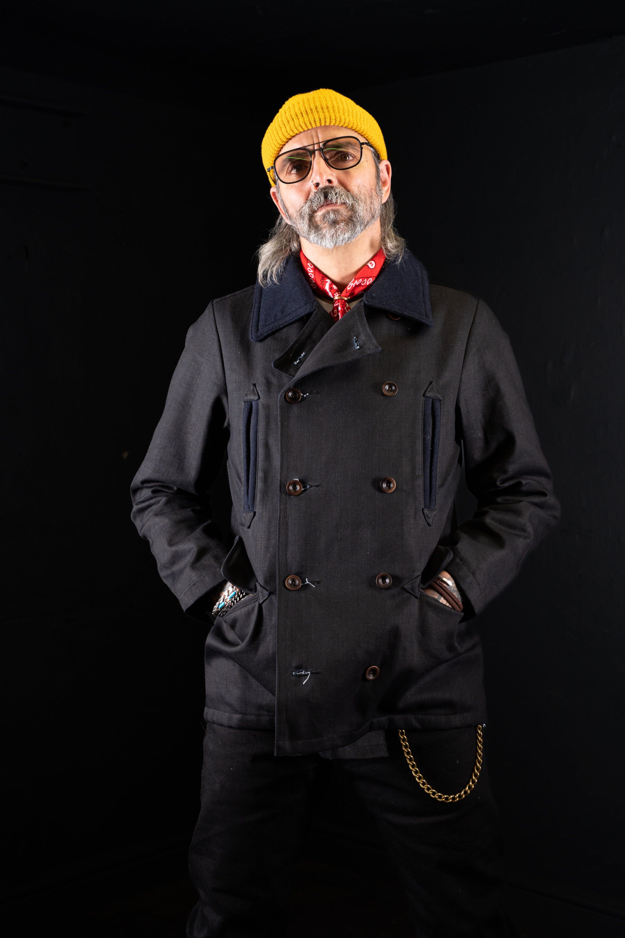 BZEN M.3219R SKULLY-WX30 REGULAR FIT WAXED BLACK OVER BLUE DENIM LINED 30" LENGTH PEA COAT-11.5OZ-WAX BLACK- CAUTION CAN NEVER WASH