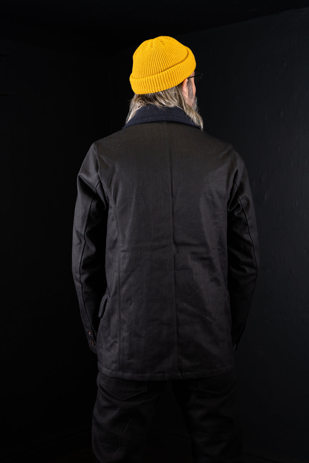 BZEN M.3219R SKULLY-WX30 REGULAR FIT WAXED BLACK OVER BLUE DENIM LINED 30" LENGTH PEA COAT-11.5OZ-WAX BLACK- CAUTION CAN NEVER WASH