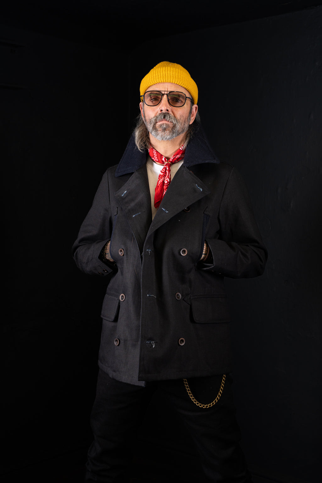 BZEN M.3219R SKULLY-WX30 REGULAR FIT WAXED BLACK OVER BLUE DENIM LINED 30" LENGTH PEA COAT-11.5OZ-WAX BLACK- CAUTION CAN NEVER WASH