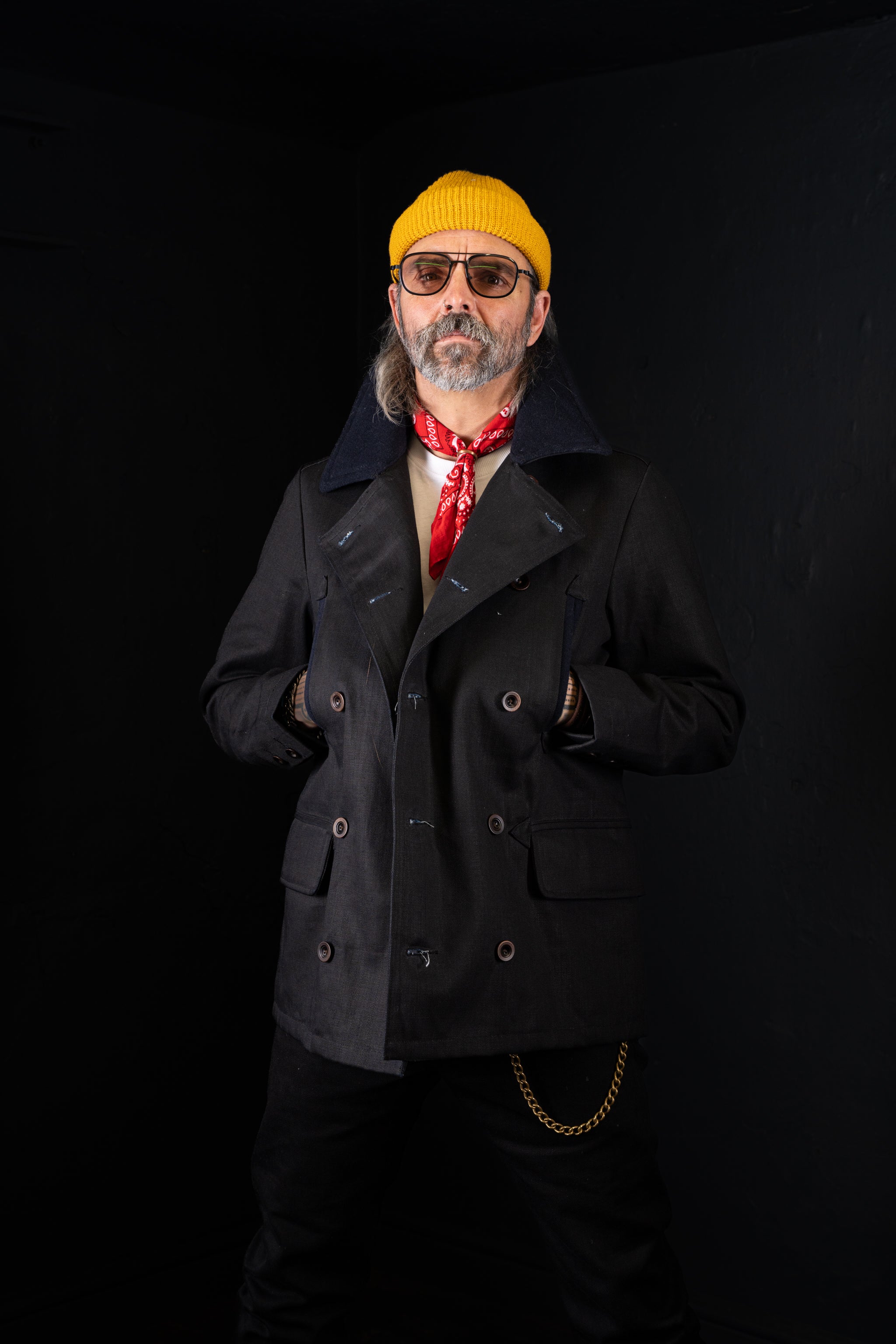 BZEN M.3219R SKULLY-WX30 REGULAR FIT WAXED BLACK OVER BLUE DENIM LINED 30" LENGTH PEA COAT-11.5OZ-WAX BLACK- CAUTION CAN NEVER WASH