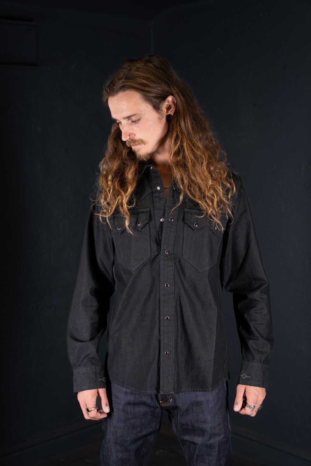 DDL 319R-DIABLO SWT-BC REGULAR FIT 2 POCKET WESTERN BLACK COATED DENIM SHIRT-8.25OZ-E1 BLACK