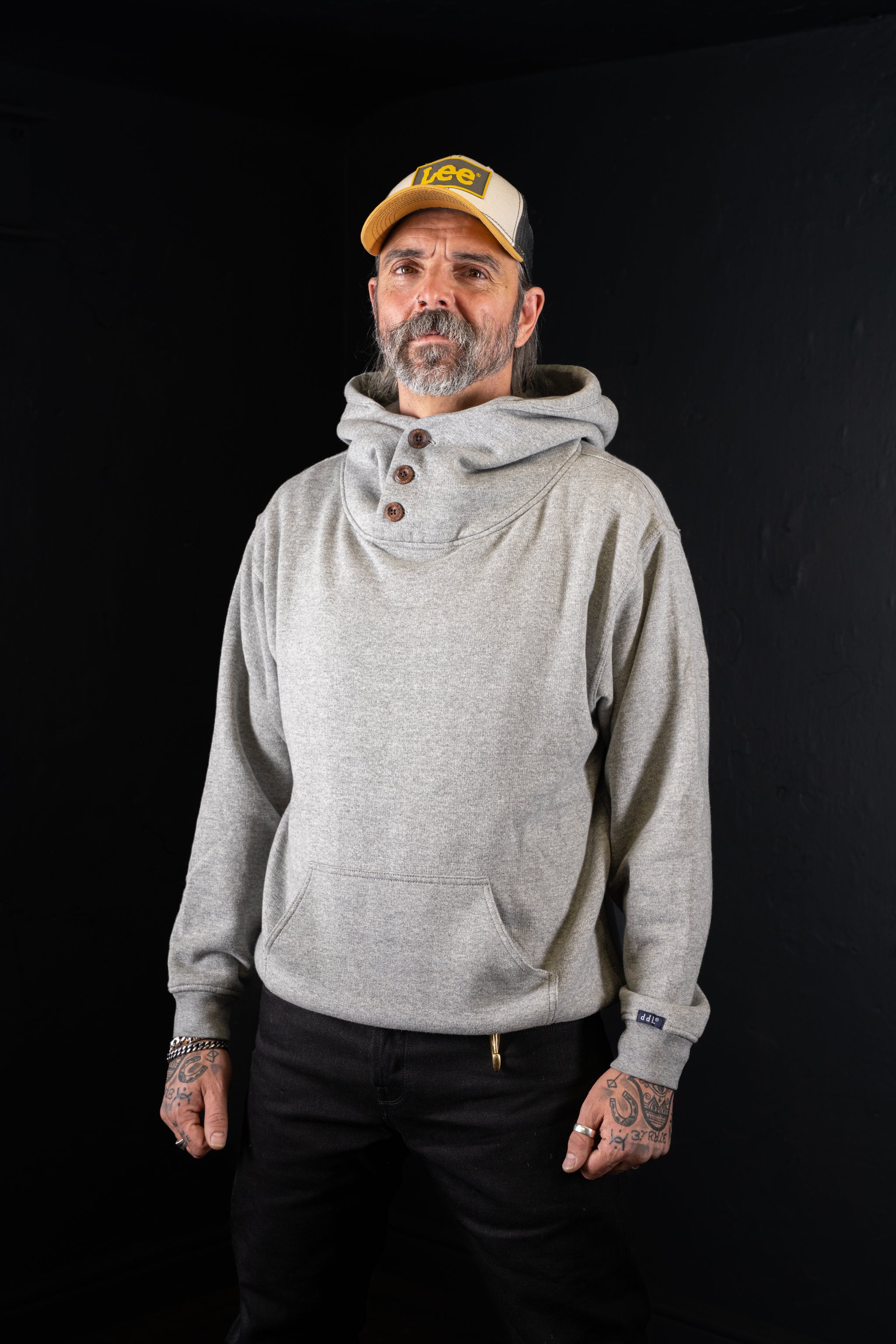 DDL 306-THE HOD3 LONG SLEEVE 3 BUTTON KANGAROO FLEECE HOODIE