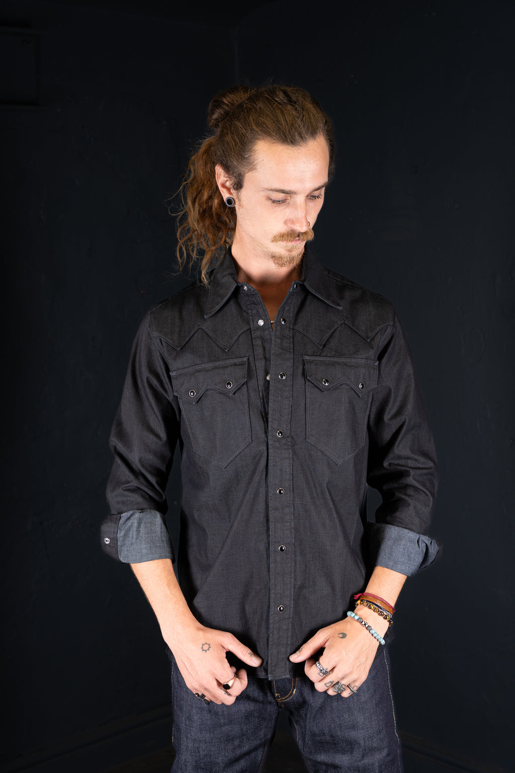 DDL 319R-DIABLO SWT-BC REGULAR FIT 2 POCKET WESTERN BLACK COATED DENIM SHIRT-8.25OZ-E1 BLACK