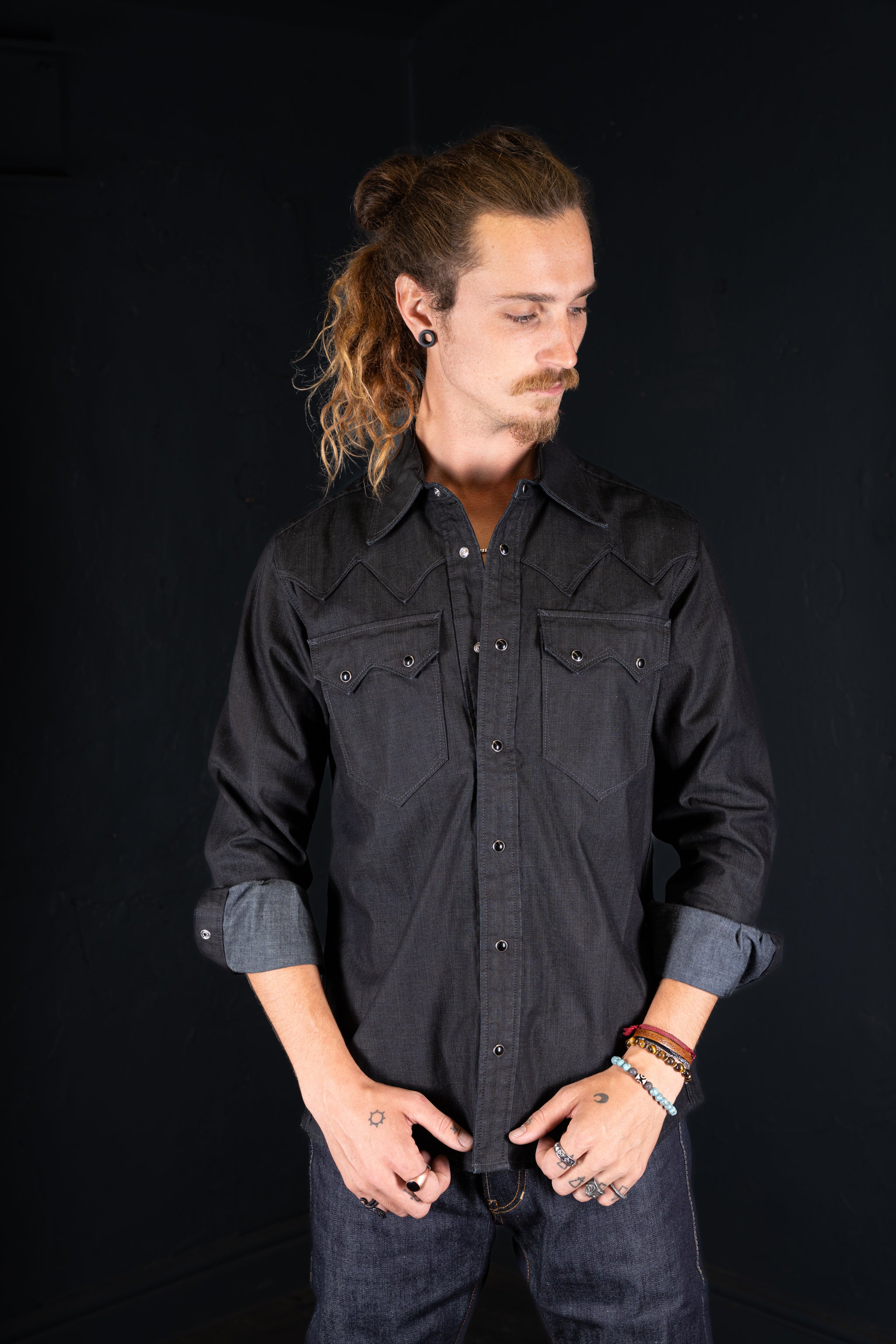 DDL 319R-DIABLO SWT-BC REGULAR FIT 2 POCKET WESTERN BLACK COATED DENIM SHIRT-8.25OZ-E1 BLACK