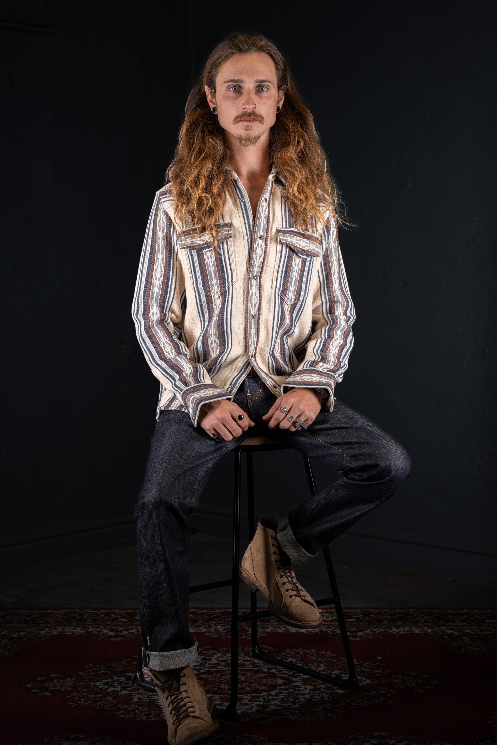 BZEN M.3239R JESSE NAV-SB REGULAR FIT WESTERN SHIRT WITH NATIVE AMERICAN MOTIF JACQUARD WEAVE DESIGN-6OZ-E0 STRIPES