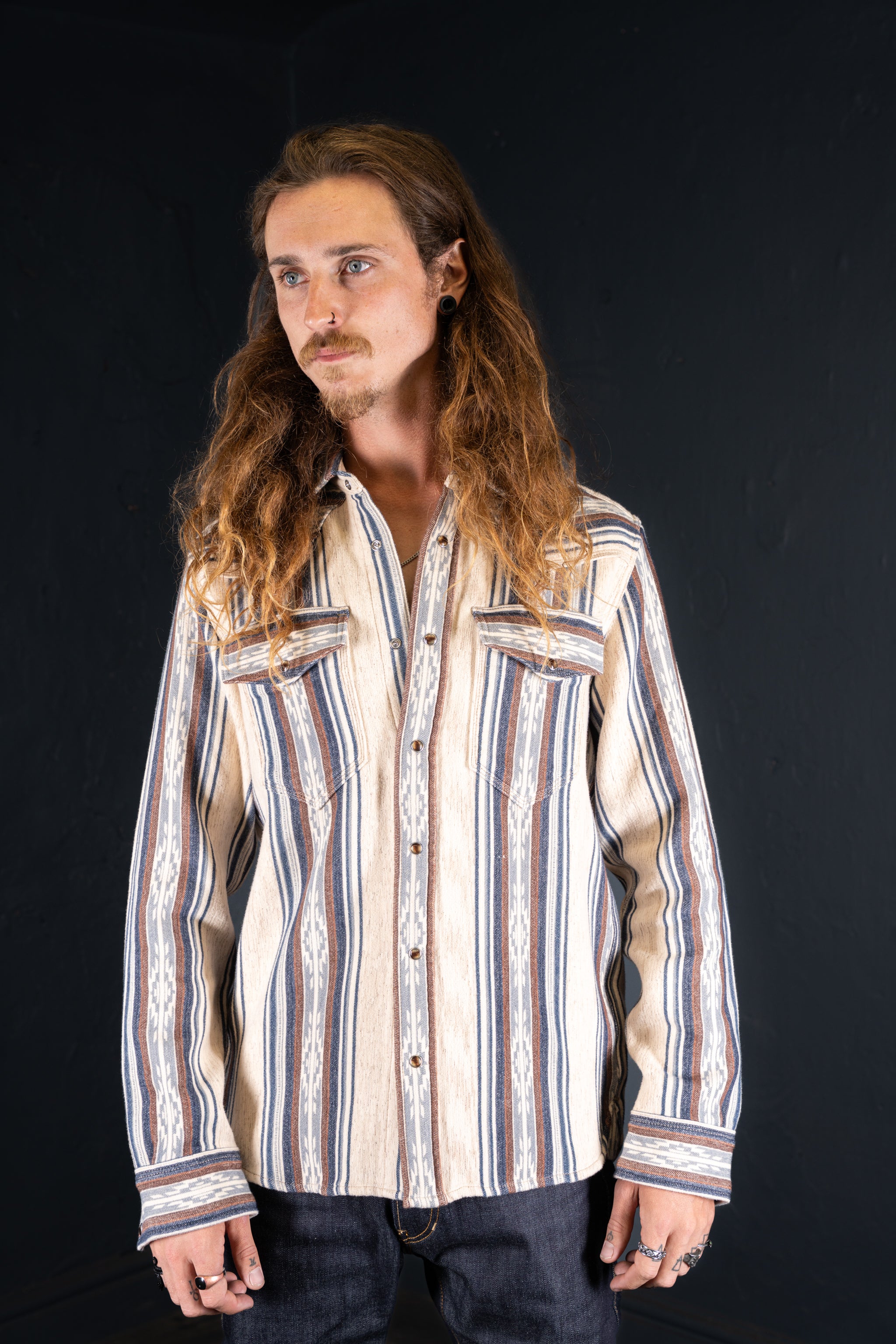BZEN M.3239R JESSE NAV-SB REGULAR FIT WESTERN SHIRT WITH NATIVE AMERICAN MOTIF JACQUARD WEAVE DESIGN-6OZ-E0 STRIPES