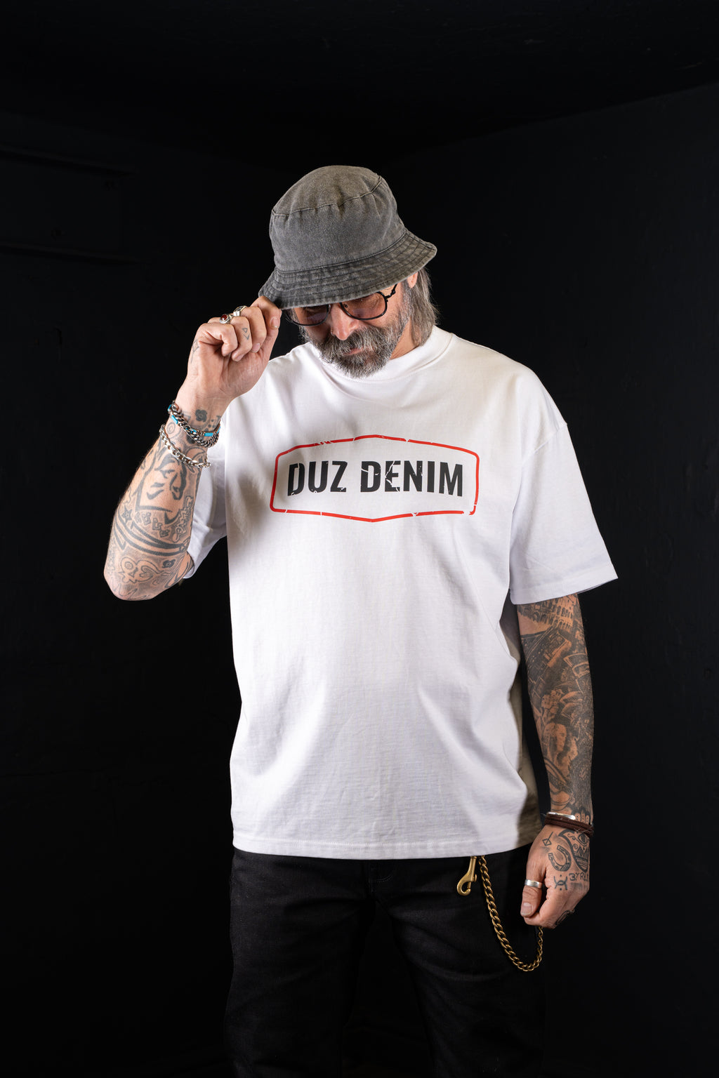 DUZ DENIM ORIGINAL CHEST PRINT OVERSIZED TEE-HEAVY JERSEY-350gsm-WHITE