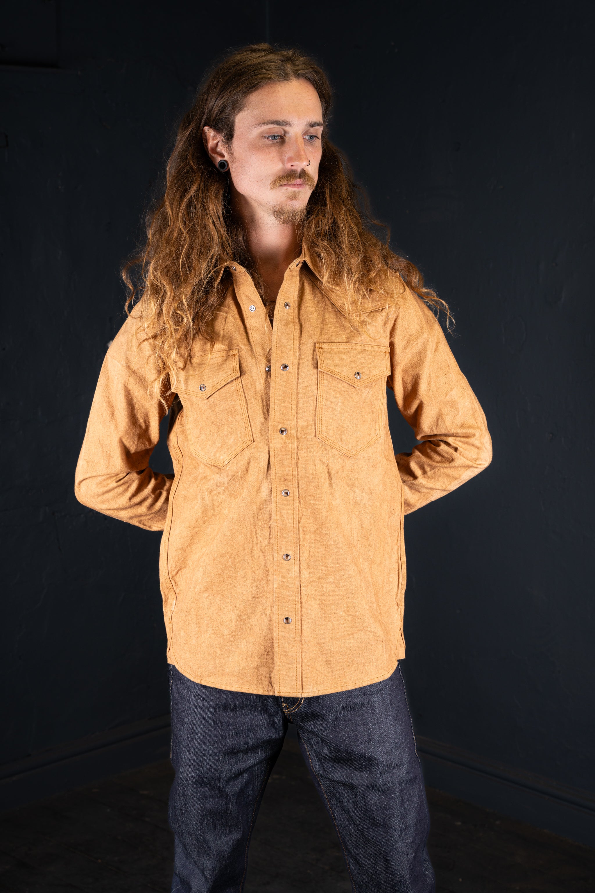 BZEN M.3239R-JESSE-TRIPLE REGULAR FIT TRIPLE NEEDLE WESTERN VEGGIE DYED CANVAS SHIRT-12OZ-E0 KALAHARI