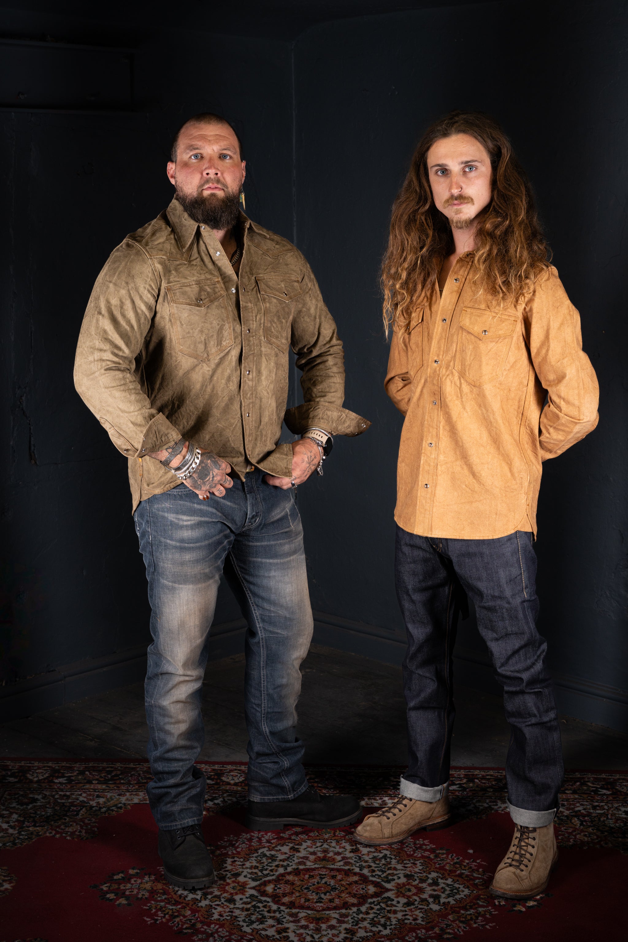 BZEN M.3239R-JESSE-TRIPLE REGULAR FIT TRIPLE NEEDLE WESTERN VEGGIE DYED CANVAS SHIRT-12OZ-E0 MOSS GREEN