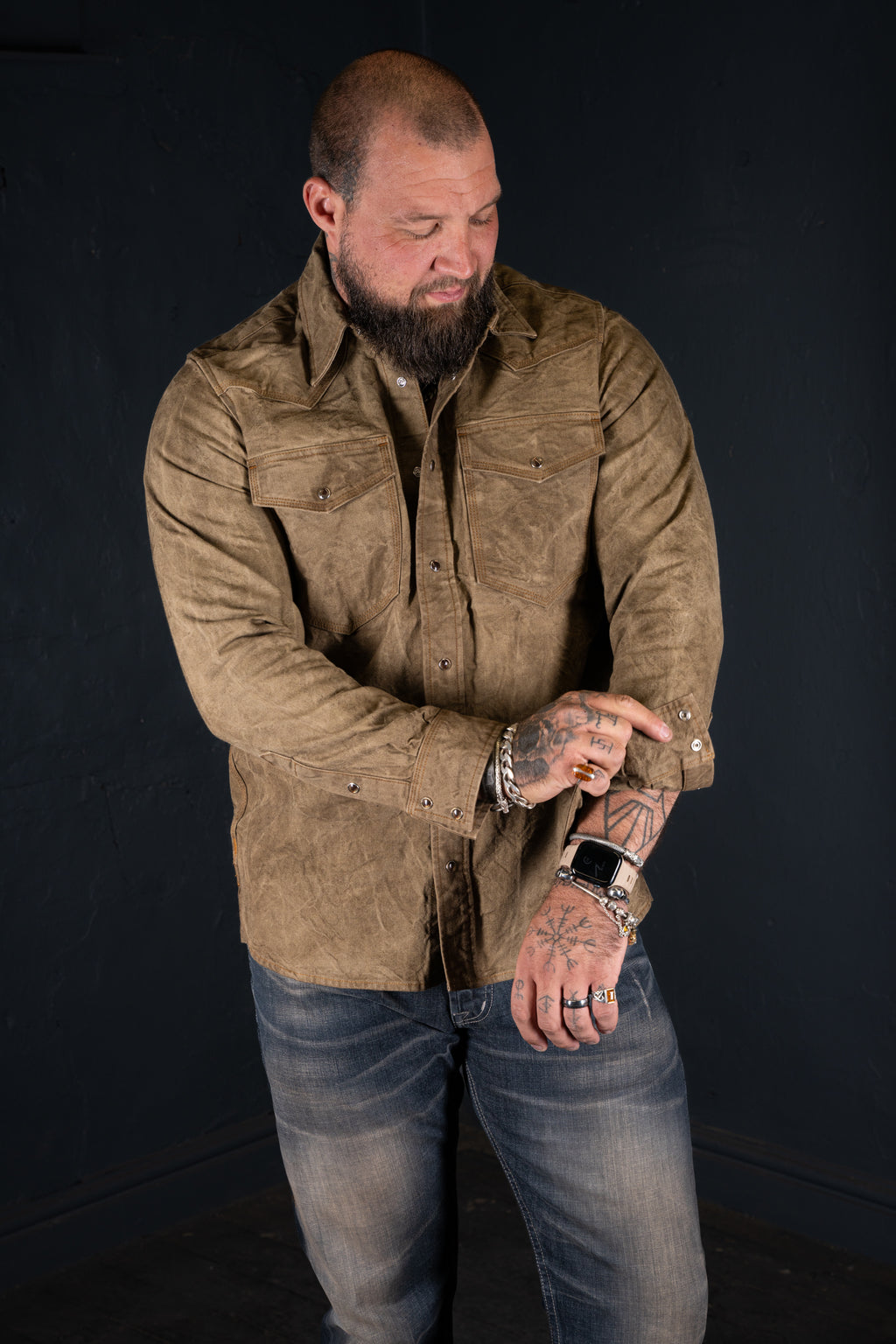 BZEN M.3239R-JESSE-TRIPLE REGULAR FIT TRIPLE NEEDLE WESTERN VEGGIE DYED CANVAS SHIRT-12OZ-E0 MOSS GREEN