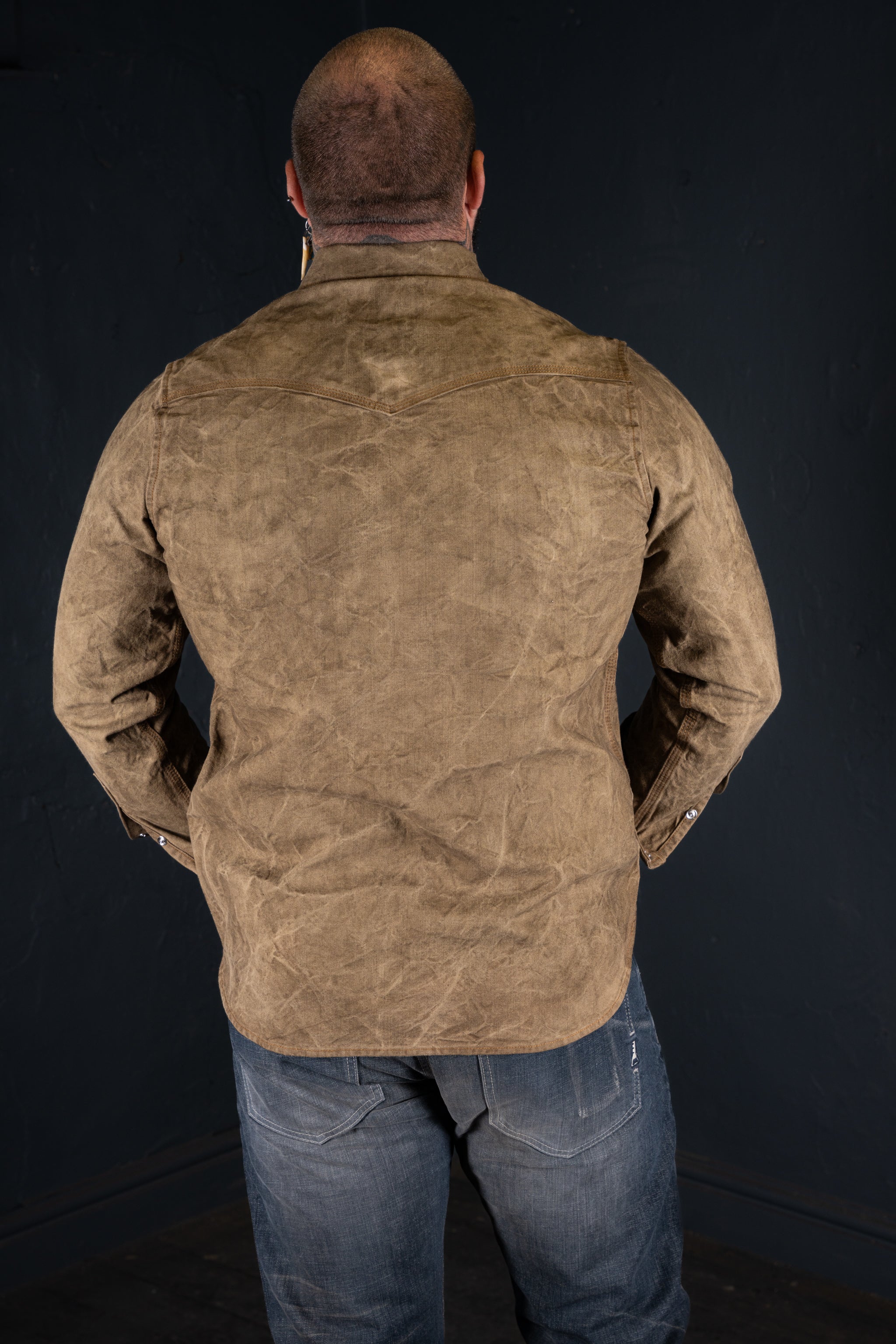 BZEN M.3239R-JESSE-TRIPLE REGULAR FIT TRIPLE NEEDLE WESTERN VEGGIE DYED CANVAS SHIRT-12OZ-E0 MOSS GREEN