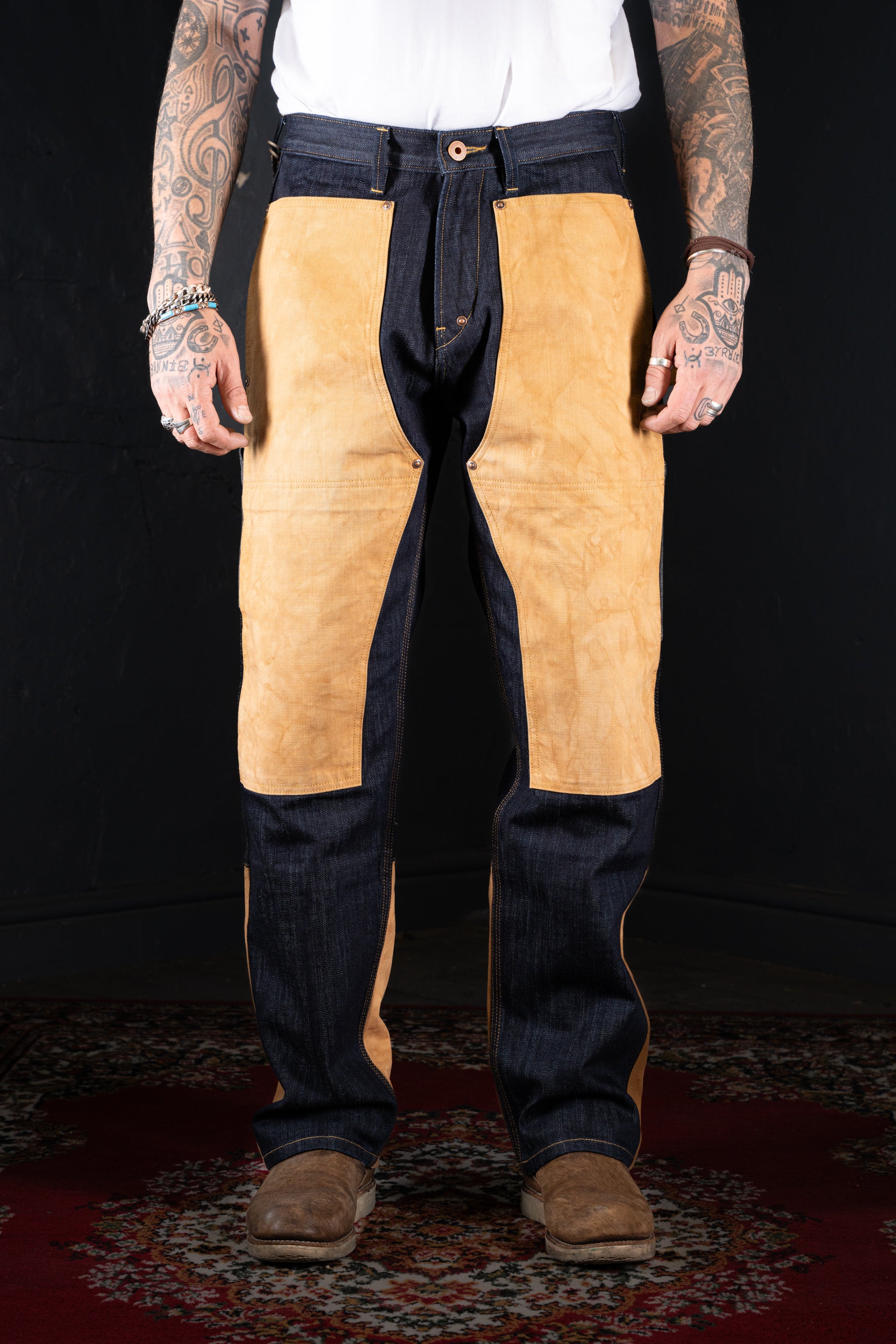 BZEN M.1279 JETHRO-CBC DOUBLE PANEL FRONT 6 POCKET COLOR BLOCK DENIM PAINTER JEAN-14oz-HRH INDIGO