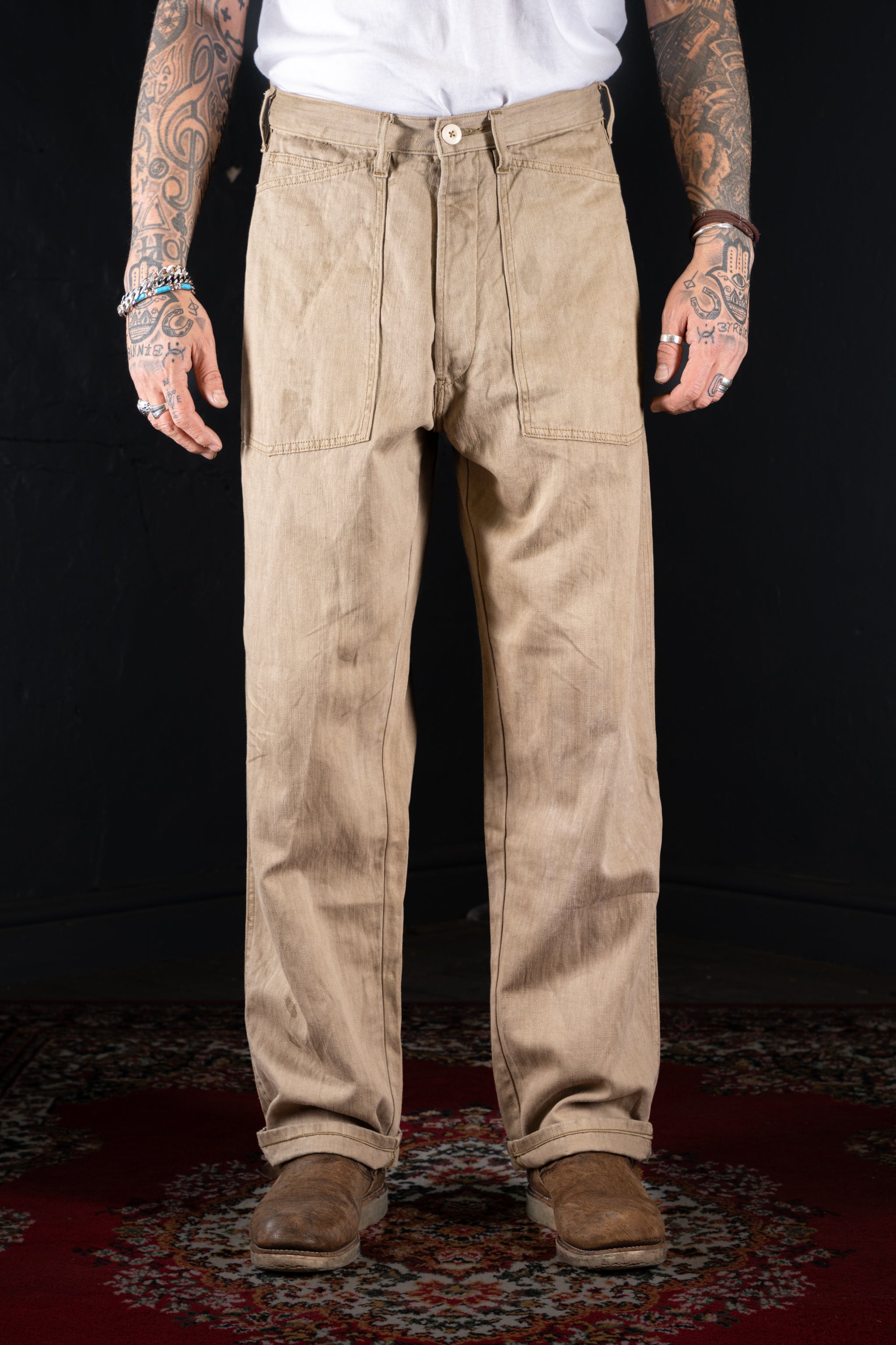 BZEN M.1198 L32-MIDDLEMAST RELAX TAPERED COTTON LINEN NAVAL INSPIRED PANT VEGGIE DYED-9oz-E0 MOSS GREEN