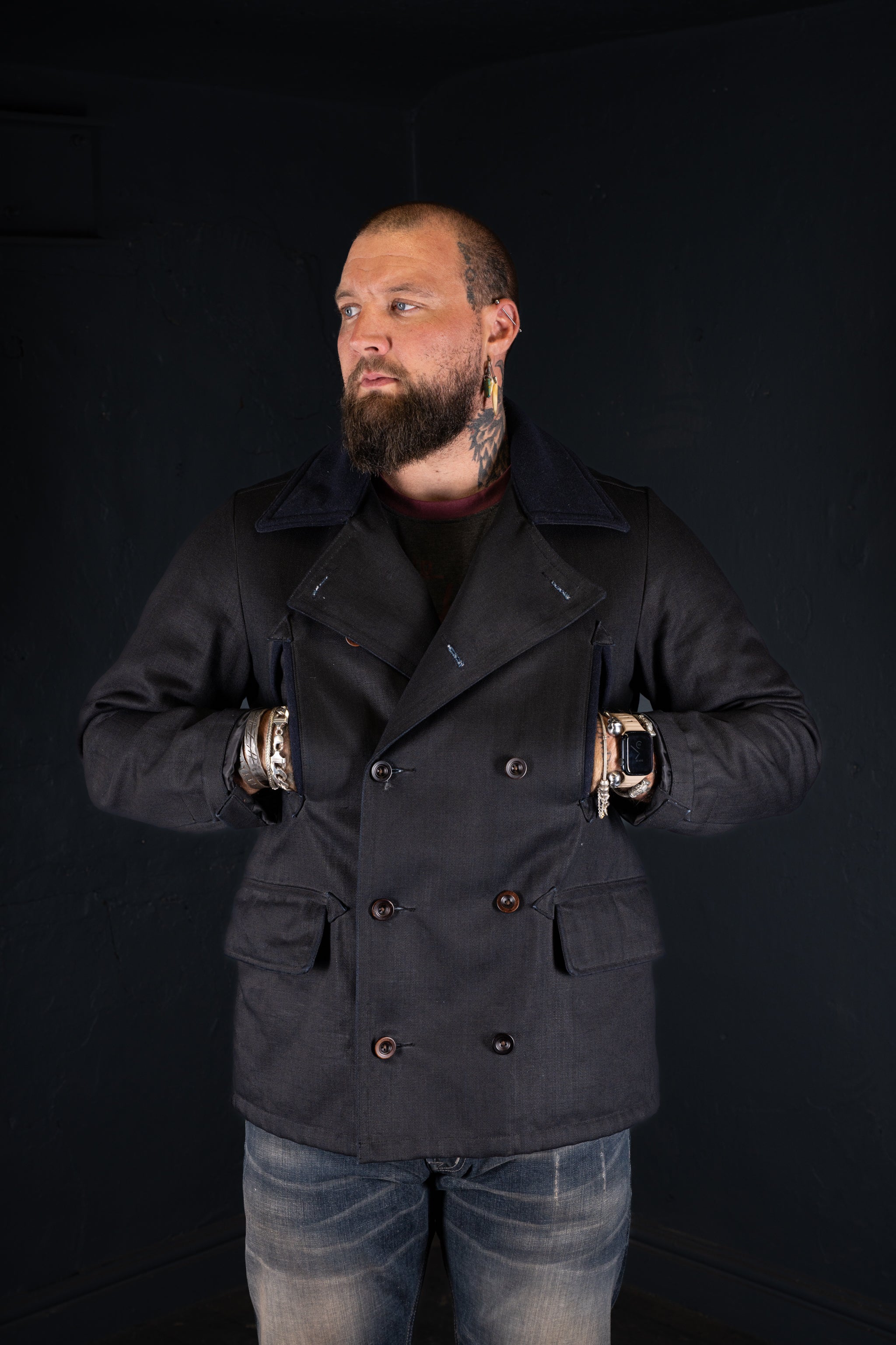 BZEN M.3219R SKULLY-WX30 REGULAR FIT WAXED BLACK OVER BLUE DENIM LINED 30" LENGTH PEA COAT-11.5OZ-WAX BLACK- CAUTION CAN NEVER WASH