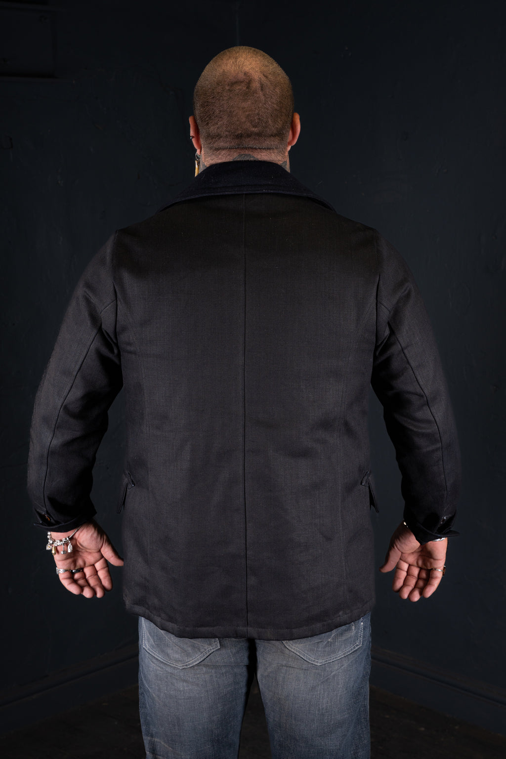 BZEN M.3219R SKULLY-WX30 REGULAR FIT WAXED BLACK OVER BLUE DENIM LINED 30" LENGTH PEA COAT-11.5OZ-WAX BLACK- CAUTION CAN NEVER WASH