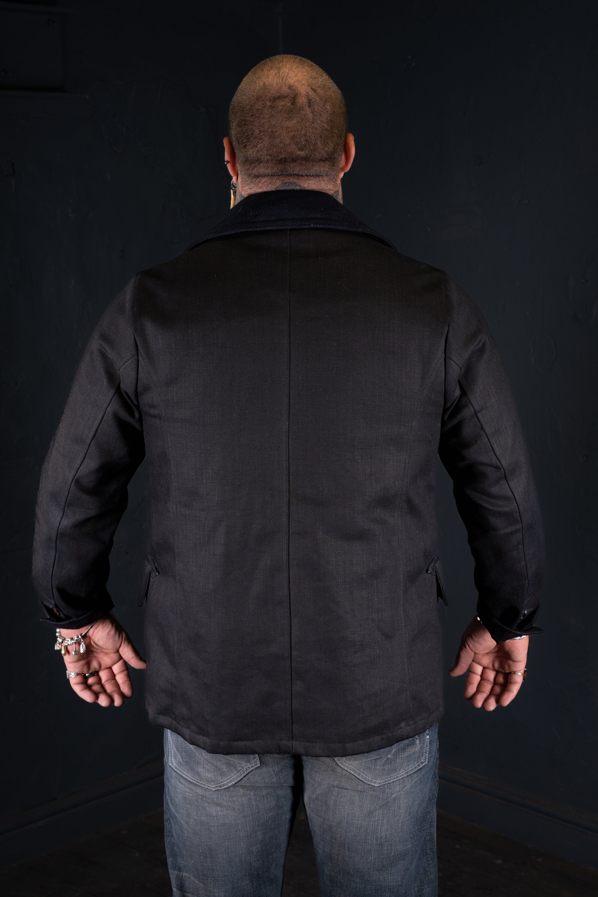 BZEN M.3219R SKULLY-WX30 REGULAR FIT WAXED BLACK OVER BLUE DENIM LINED 30" LENGTH PEA COAT-11.5OZ-WAX BLACK- CAUTION CAN NEVER WASH