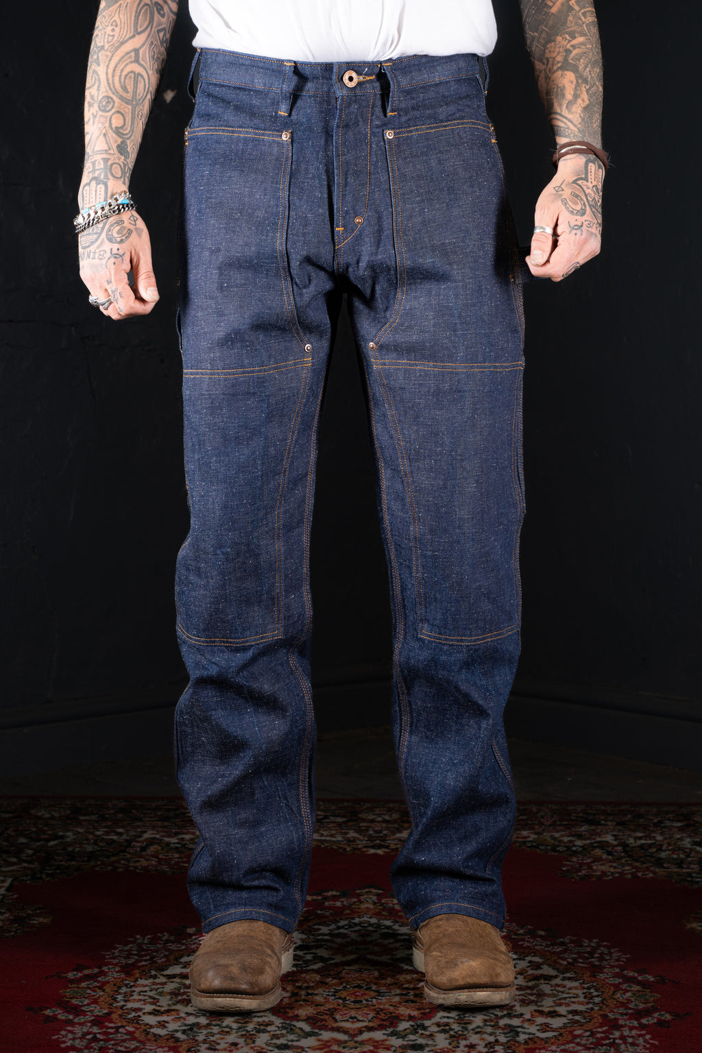 BZEN M.1279 JETHRO-ReHASH DOUBLE PANEL FRONT 6 POCKET RECYCLED COTTON DENIM PAINTER JEAN-12.5oz-HRH INDIGO