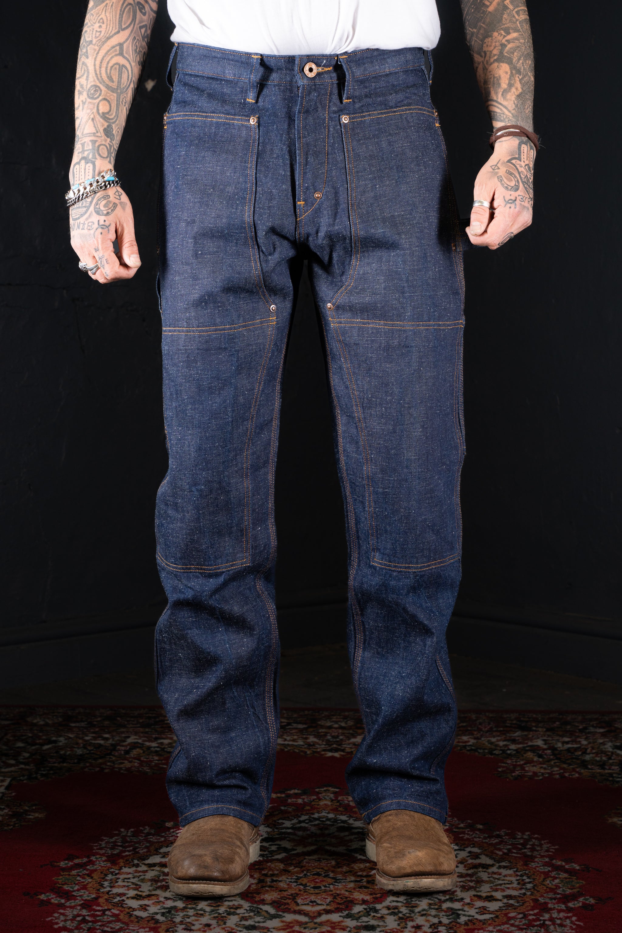 BZEN M.1279 JETHRO-ReHASH DOUBLE PANEL FRONT 6 POCKET RECYCLED COTTON DENIM PAINTER JEAN-12.5oz-HRH INDIGO