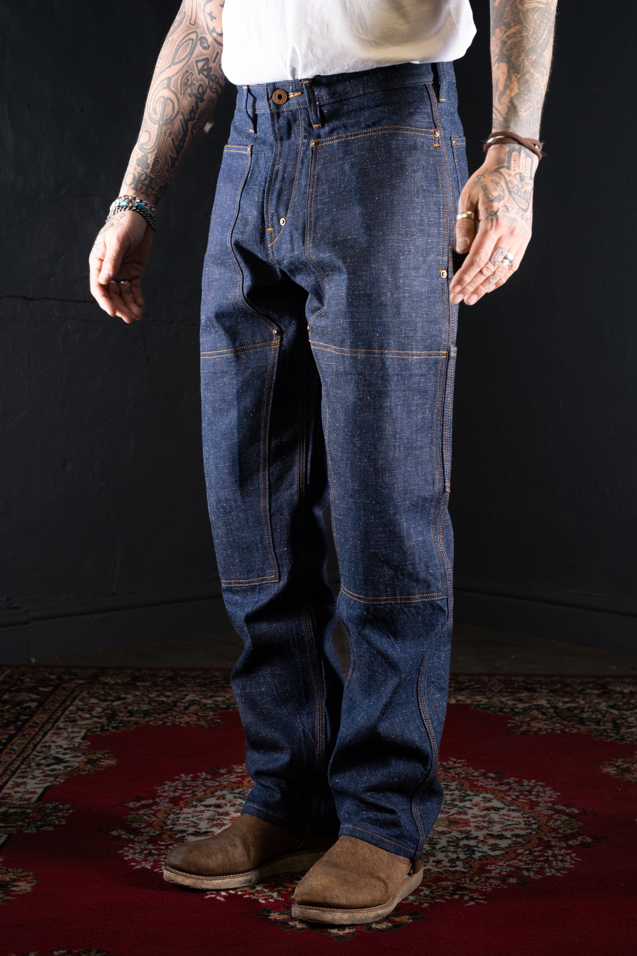 BZEN M.1279 JETHRO-ReHASH DOUBLE PANEL FRONT 6 POCKET RECYCLED COTTON DENIM PAINTER JEAN-12.5oz-HRH INDIGO