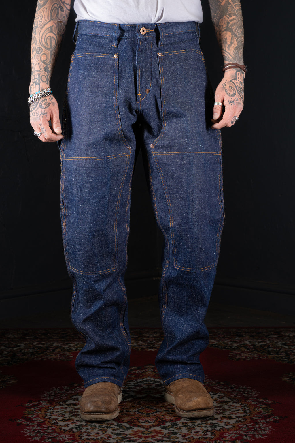 BZEN M.1279 JETHRO-ReHASH DOUBLE PANEL FRONT 6 POCKET RECYCLED COTTON DENIM PAINTER JEAN-12.5oz-HRH INDIGO