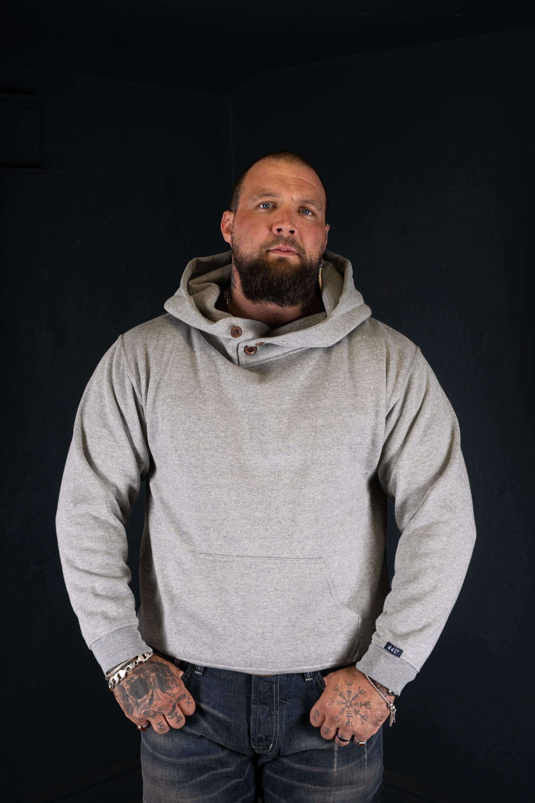 DDL 306-THE HOD3 LONG SLEEVE 3 BUTTON KANGAROO FLEECE HOODIE
