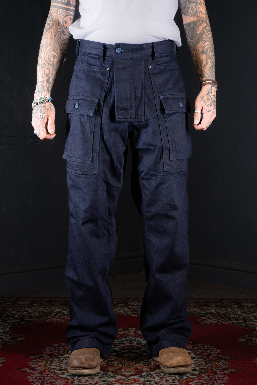 BZEN M.1170 DECKS-8P REGULAR FIT USN INSPIRED 8 POCKET CROSS DYED INDIGO DENIM PANT-10.5OZ-E0 BLUE SILO