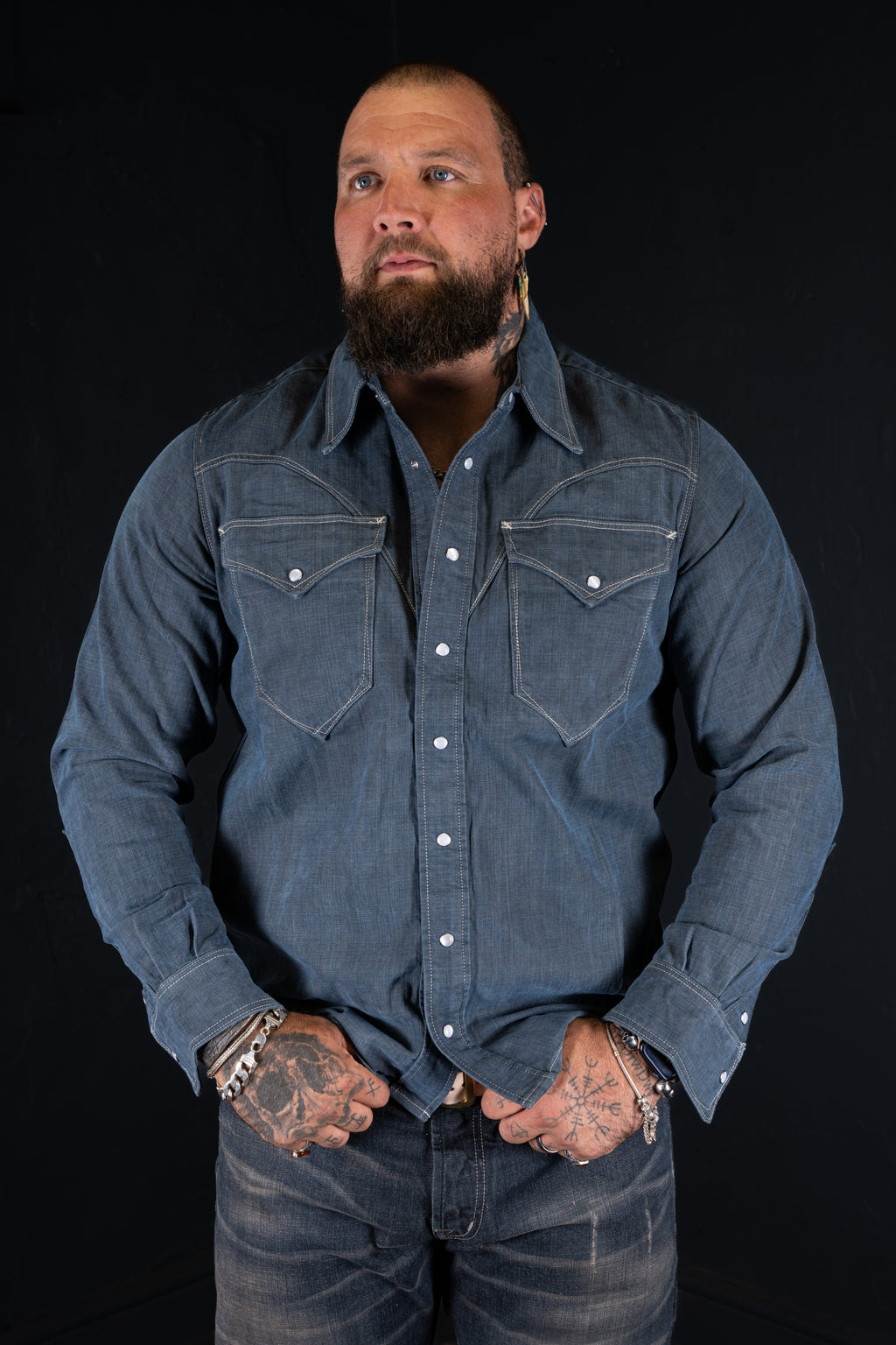 DDL 312R-KALEB V-GB REGULAR FIT 2 POCKET WESTERN SHIRT SANDED GREY BLUE DENIM-11OZ-E1 GREY BLUE