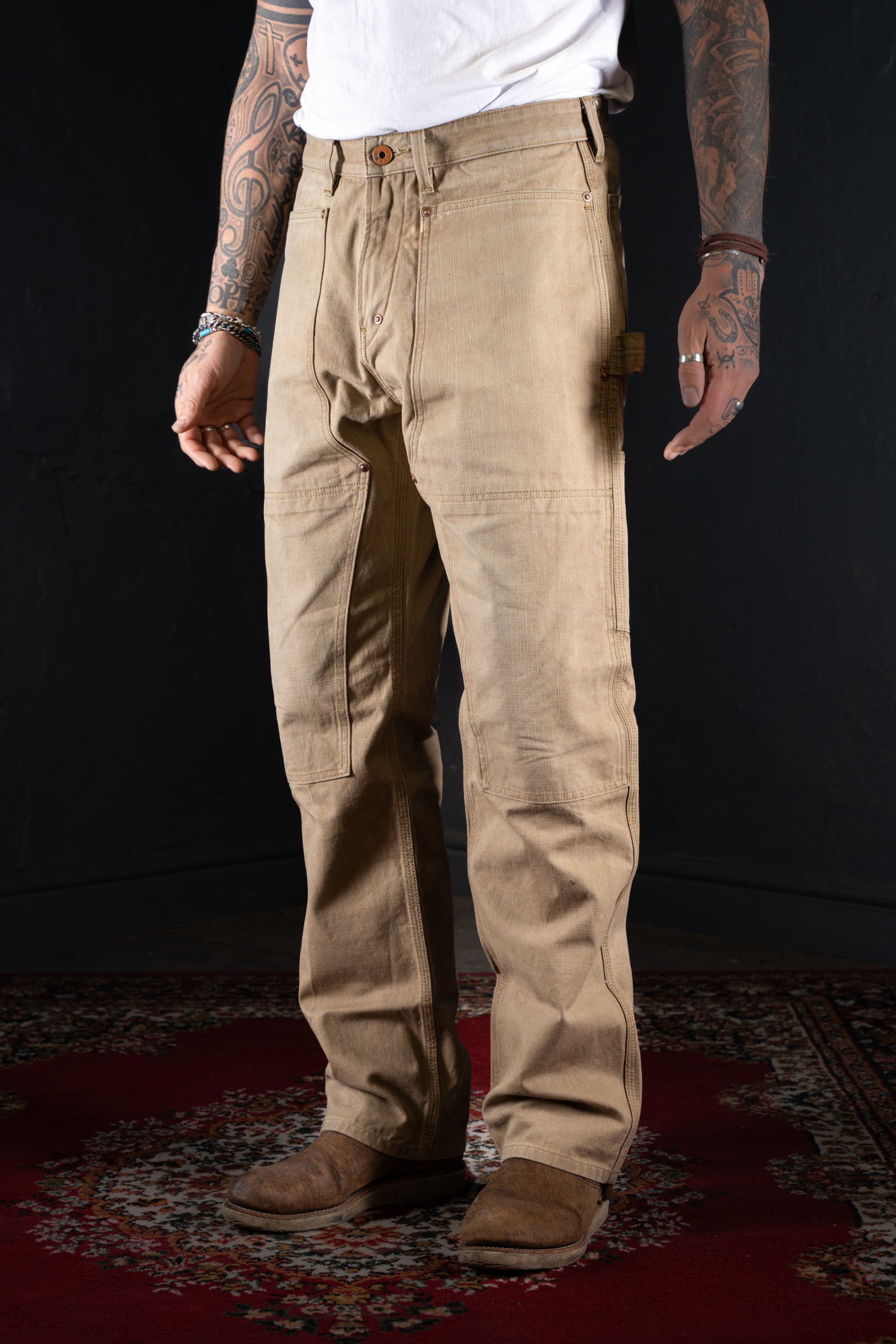 BZEN M.1279 JETHRO-CSW DOUBLE PANEL FRONT 6 POCKET DENIM PAINTER VEGGIE DYED CANVAS JEAN-12oz-E0 SEAWEED