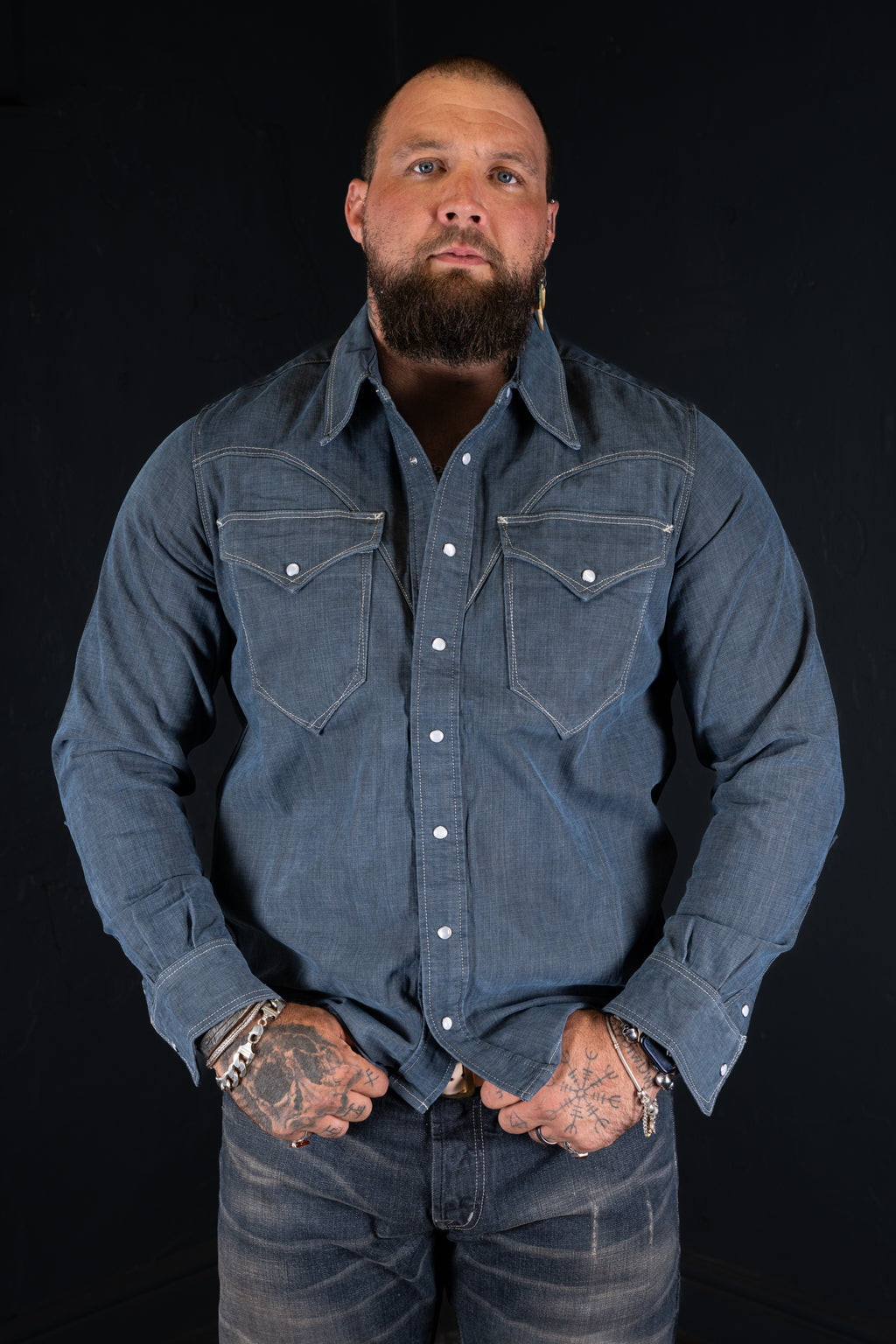 DDL 312R-KALEB V-GB REGULAR FIT 2 POCKET WESTERN SHIRT SANDED GREY BLUE DENIM-11OZ-E1 GREY BLUE