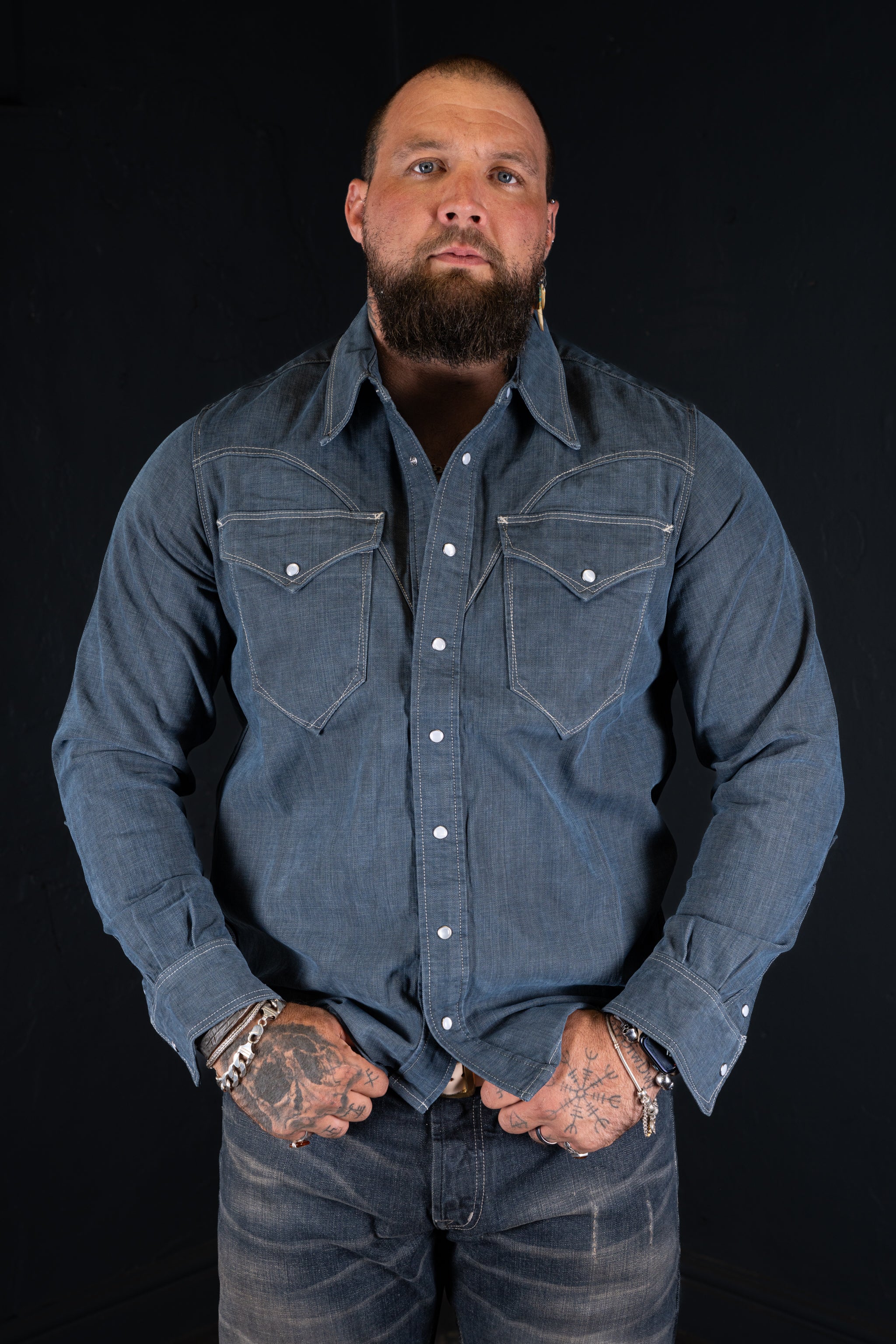 DDL 312R-KALEB V-GB REGULAR FIT 2 POCKET WESTERN SHIRT SANDED GREY BLUE DENIM-11OZ-E1 GREY BLUE