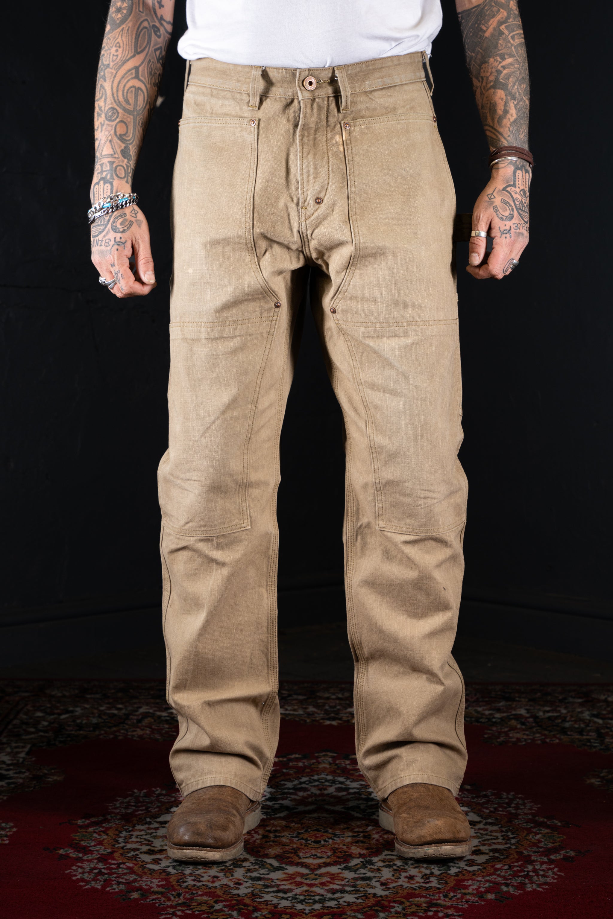 BZEN M.1279 JETHRO-CSW DOUBLE PANEL FRONT 6 POCKET DENIM PAINTER VEGGIE DYED CANVAS JEAN-12oz-E0 SEAWEED