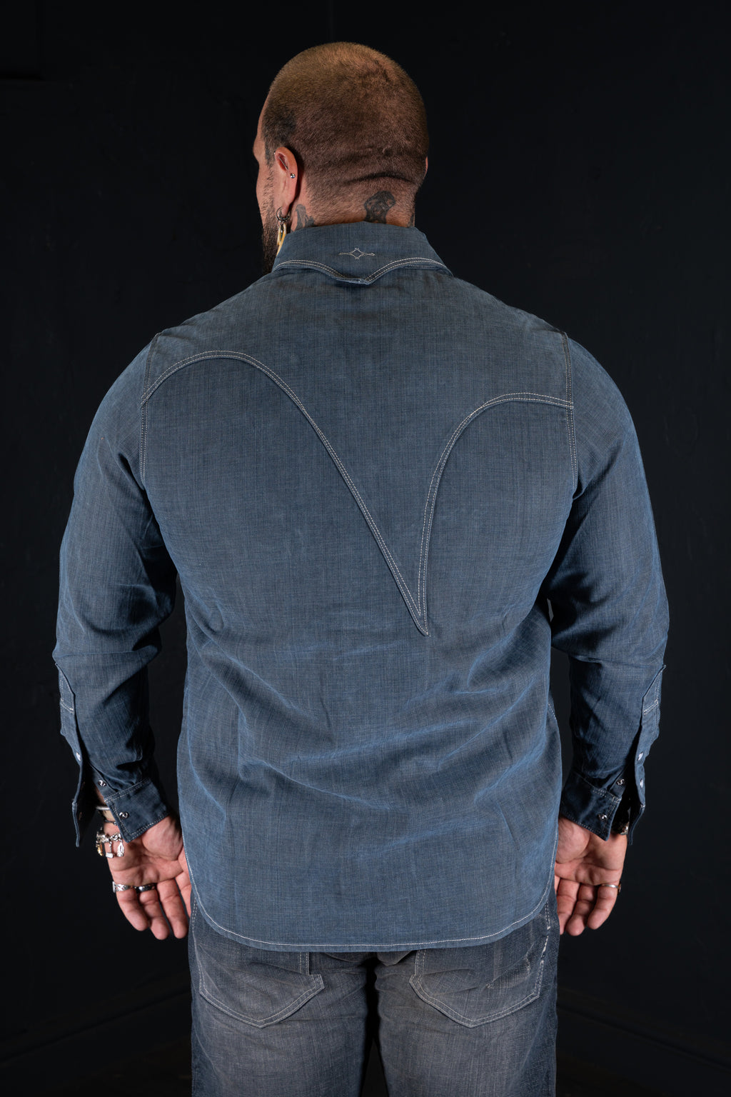 DDL 312R-KALEB V-GB REGULAR FIT 2 POCKET WESTERN SHIRT SANDED GREY BLUE DENIM-11OZ-E1 GREY BLUE