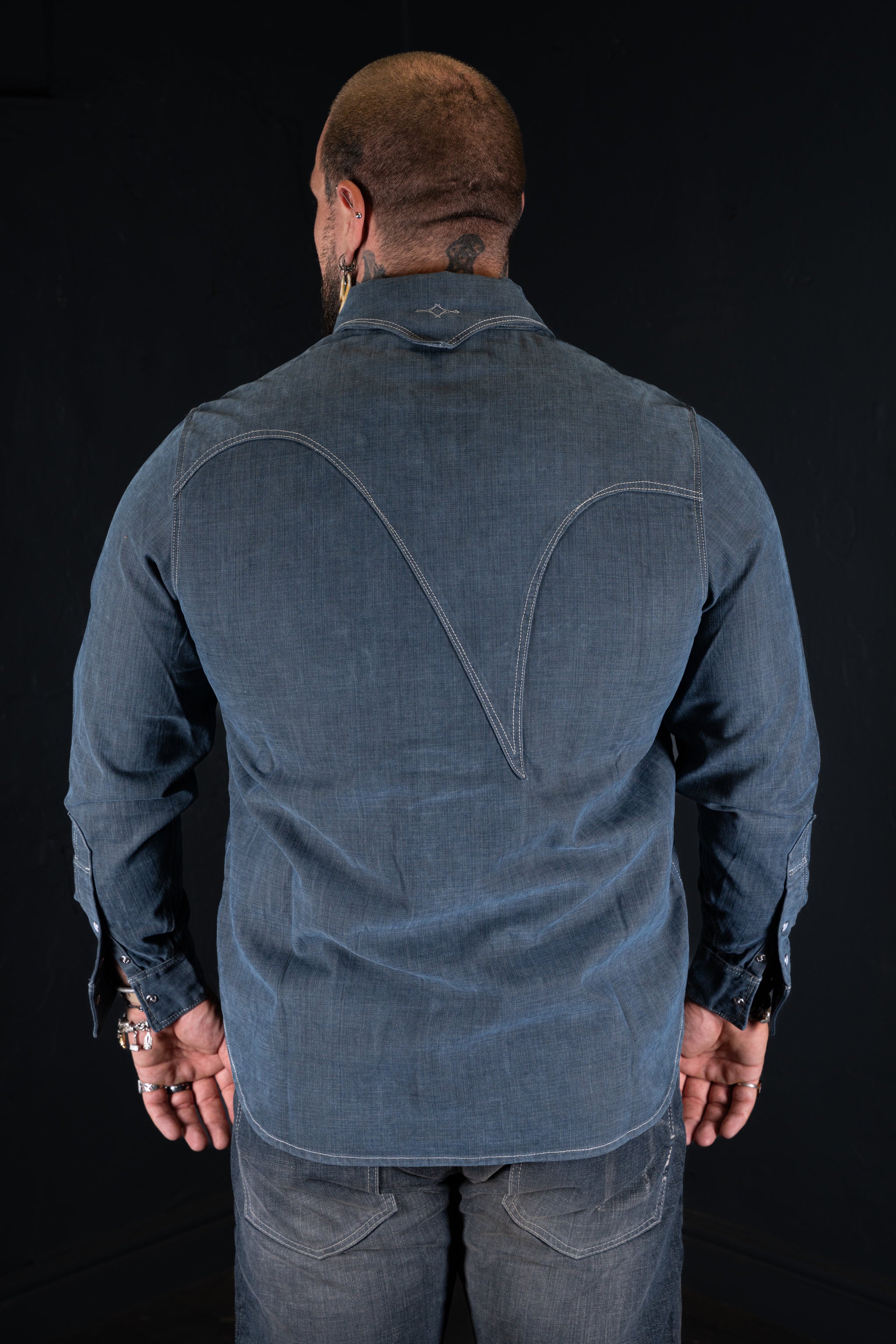 DDL 312R-KALEB V-GB REGULAR FIT 2 POCKET WESTERN SHIRT SANDED GREY BLUE DENIM-11OZ-E1 GREY BLUE